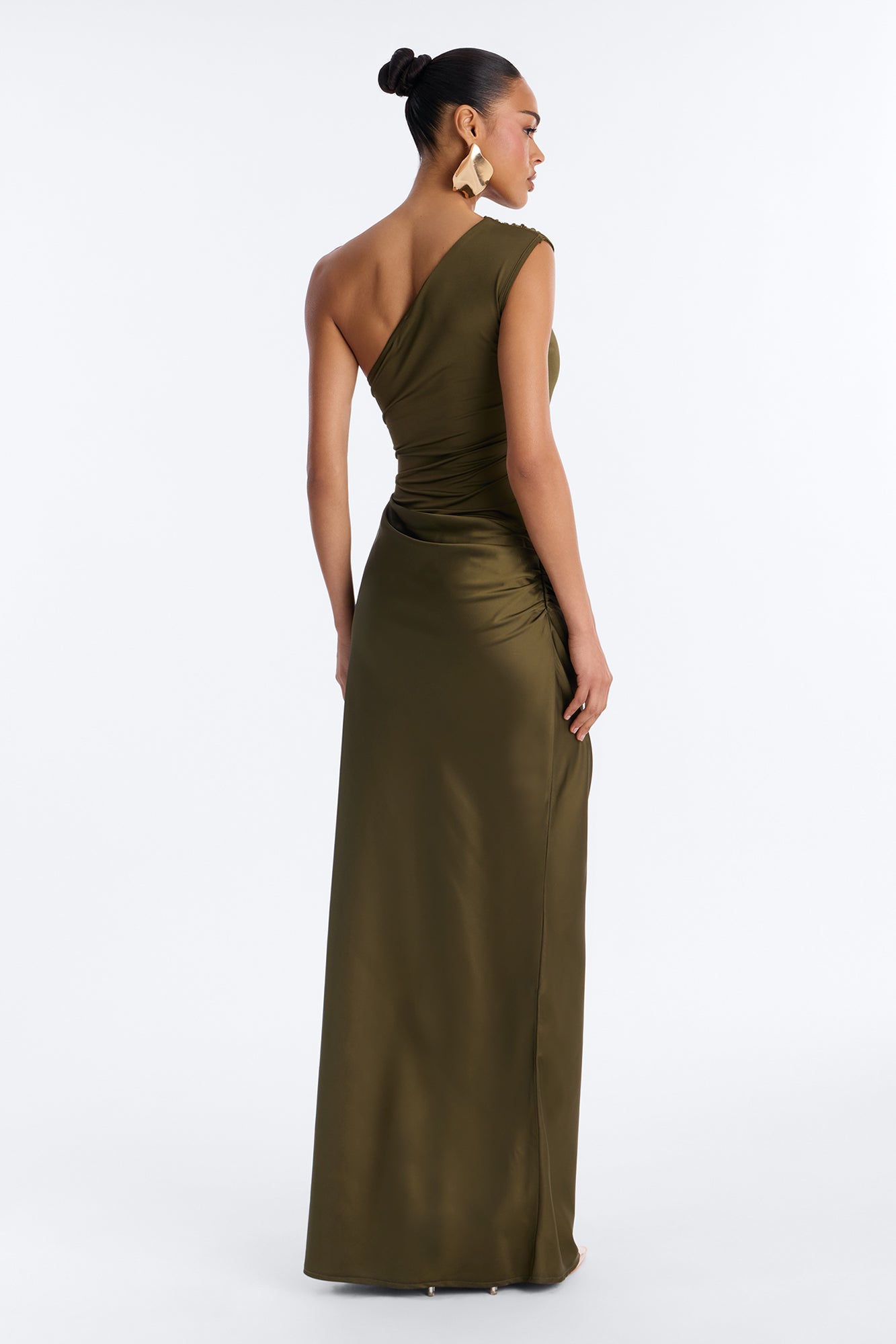 City Nights One Shoulder Satin Maxi Dress - Olive