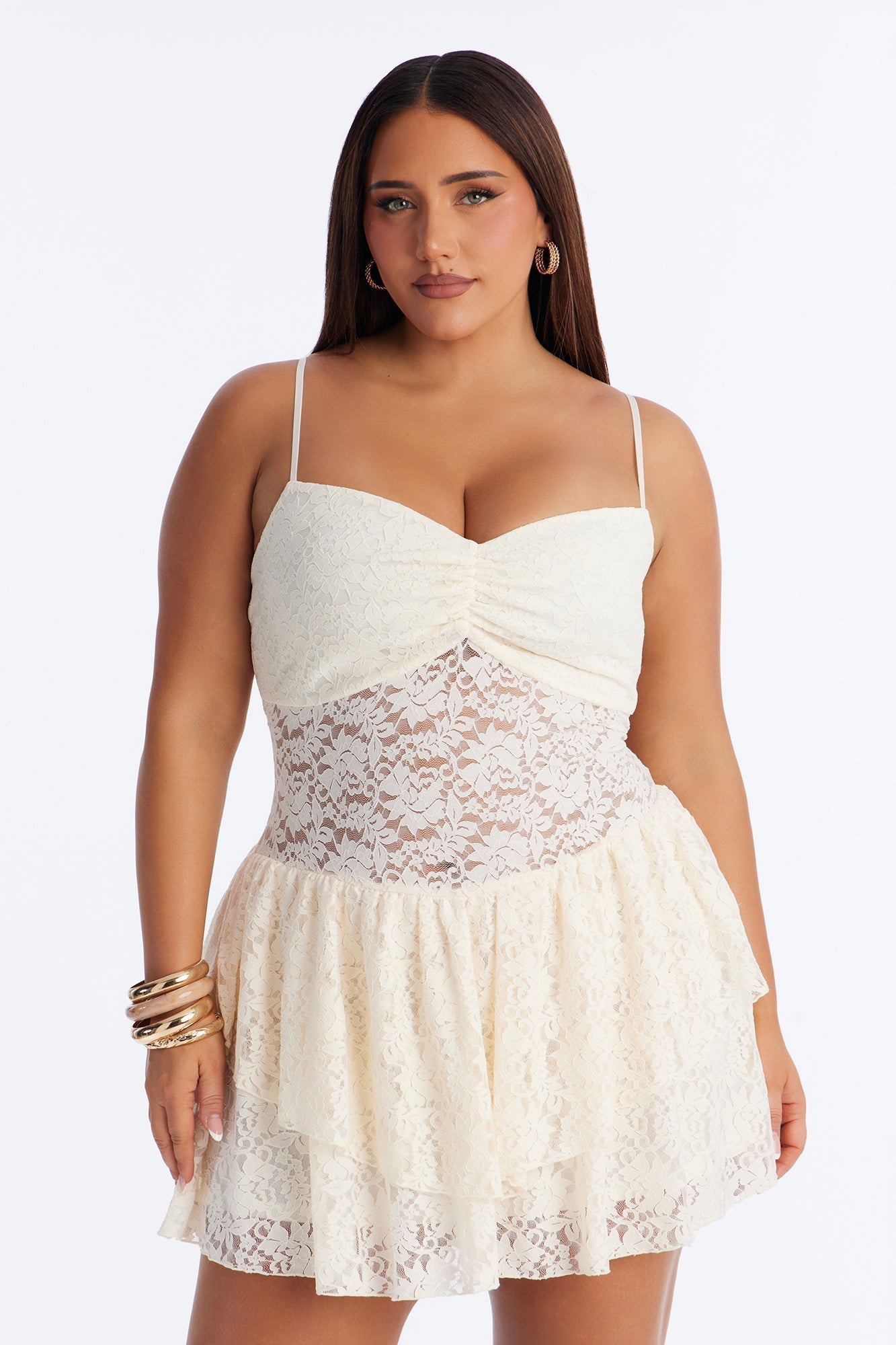 Cecilia Ruffle Lace Mini Dress - Cream