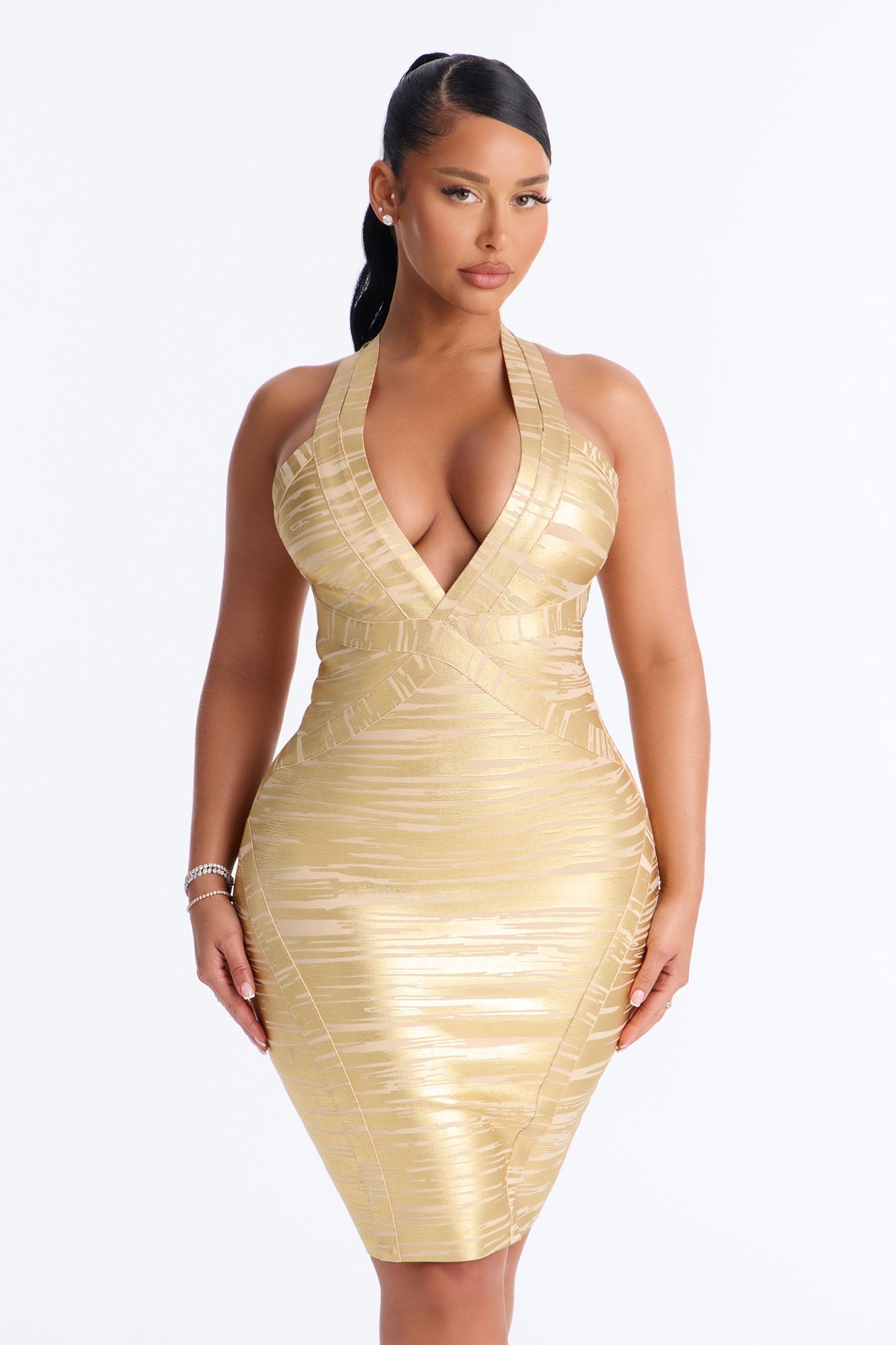 Shanaya Metallic Bandage Midi Dress - Gold