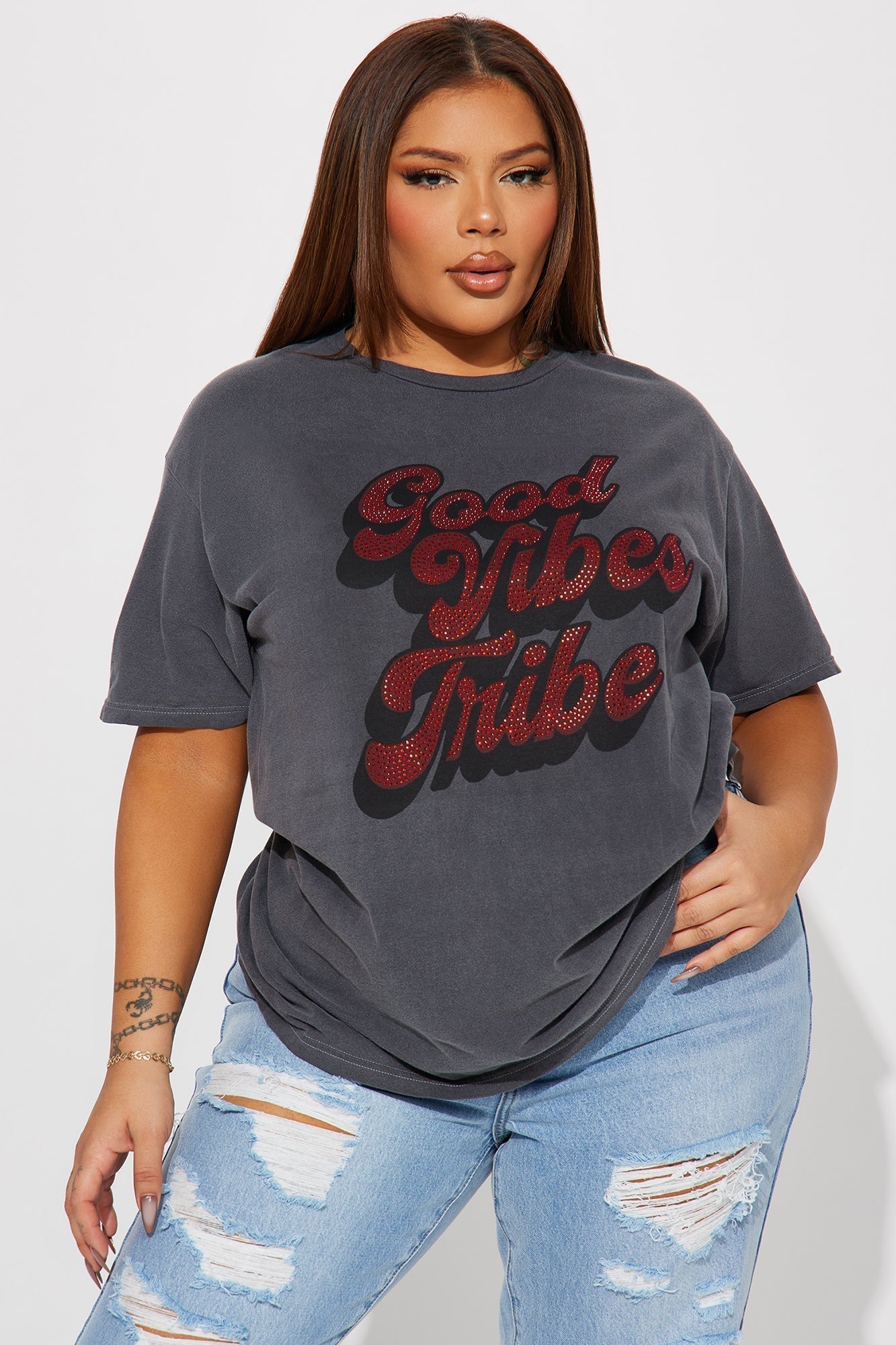 Good Vibes Tribe Rhinestone Tshirt - Charcoal
