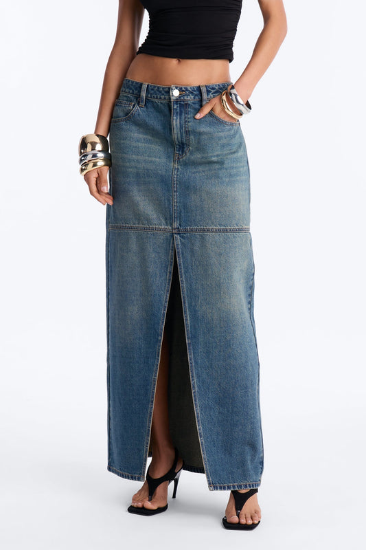 Playing For Keeps Denim Maxi Skirt - Vintage Wash