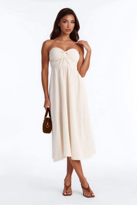 Marilyn Strapless Twist Midi Dress - Cream