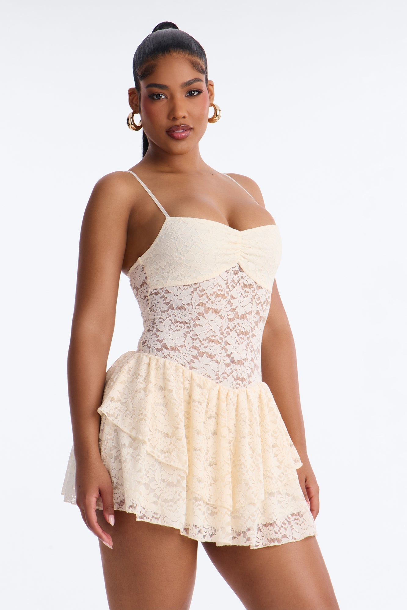 Cecilia Ruffle Lace Mini Dress - Cream