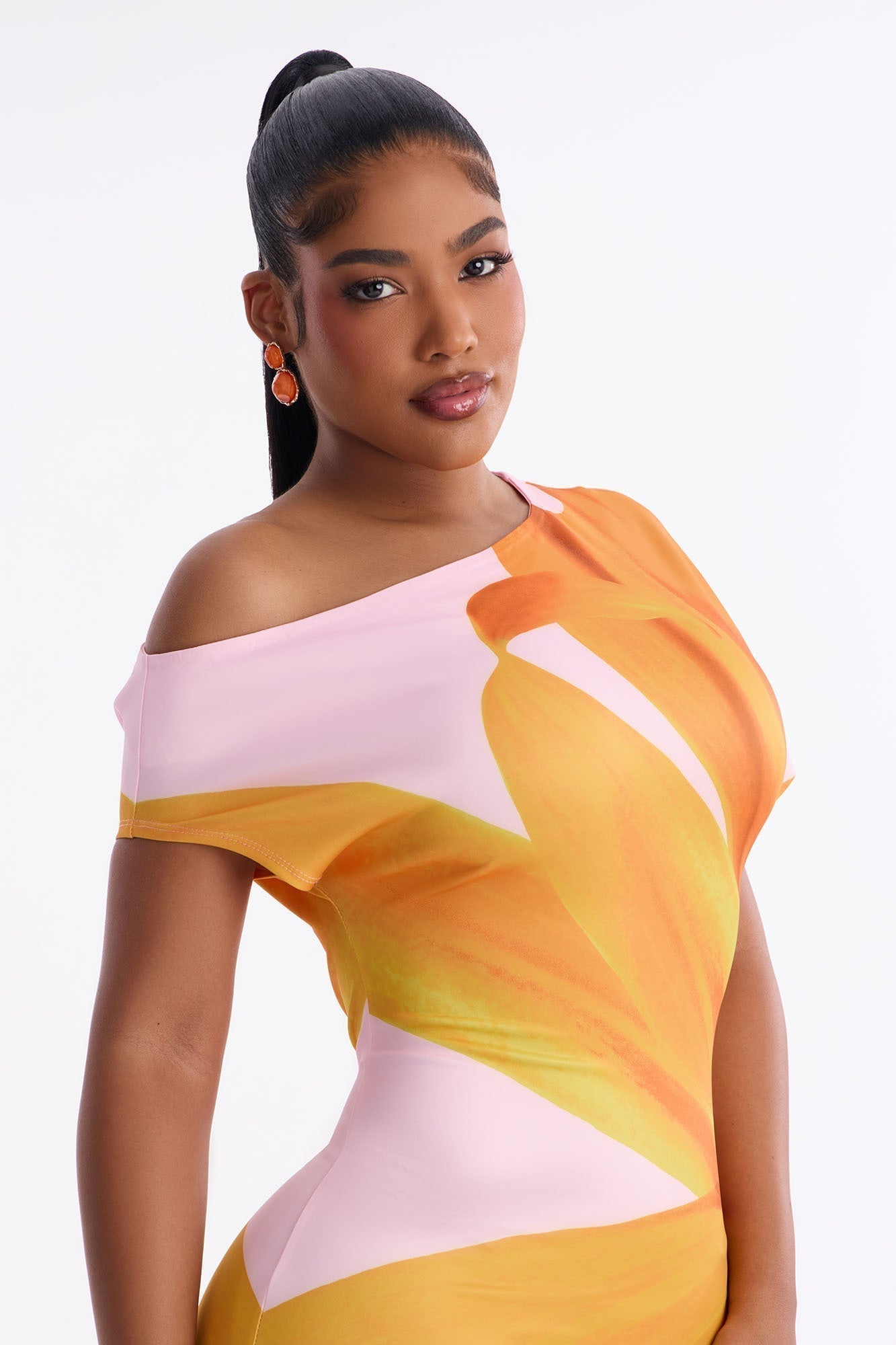 Gardenia One Shoulder Floral Midi Dress - Orange/combo