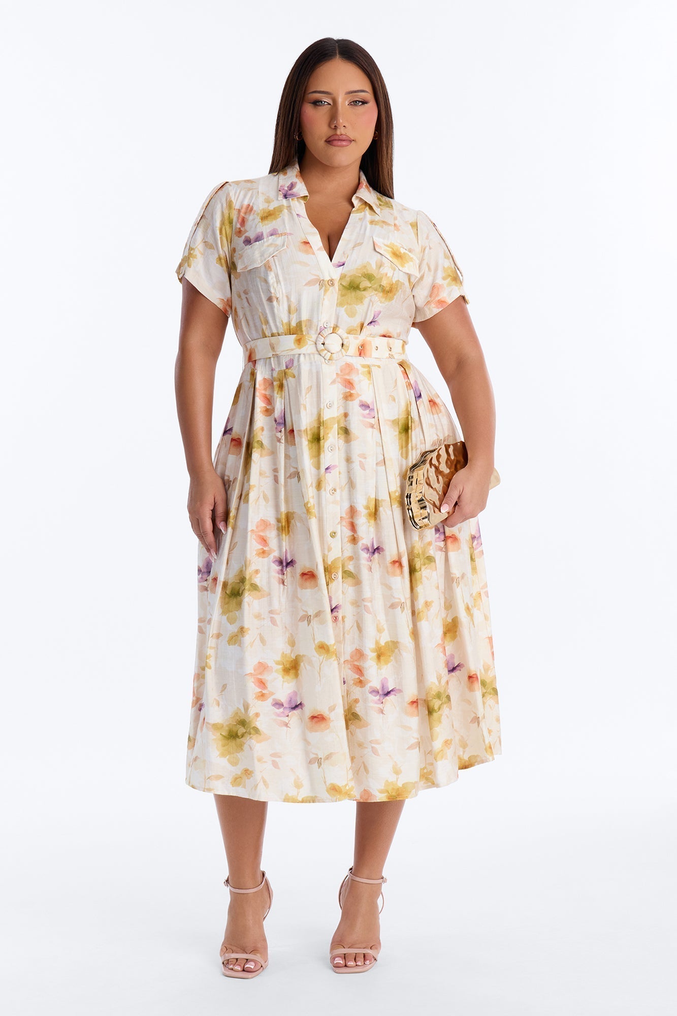 April Belted Floral Midi Dress - White/combo