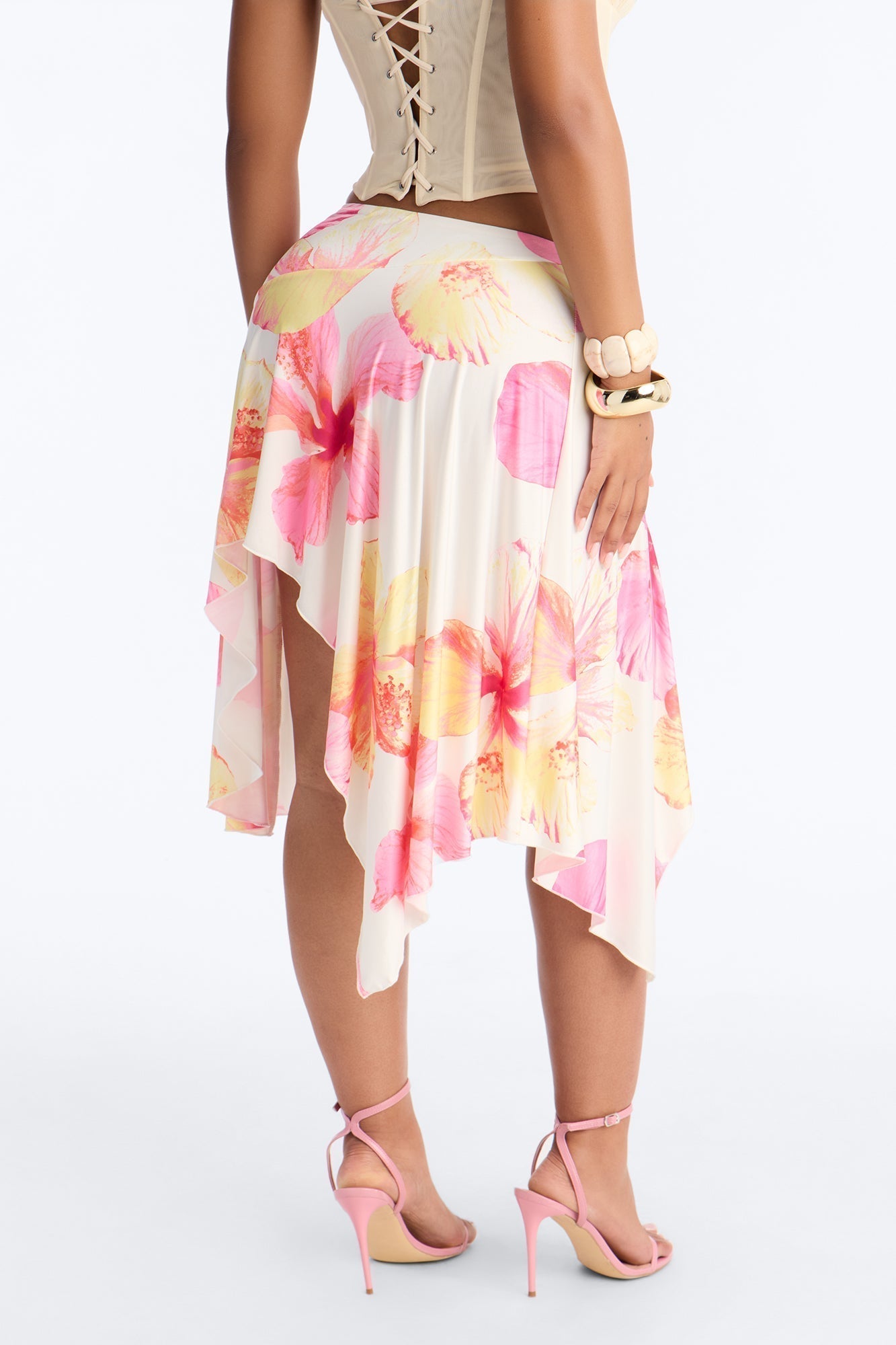 Valeria Mid Rise High Low Midi Skirt - Pink/combo