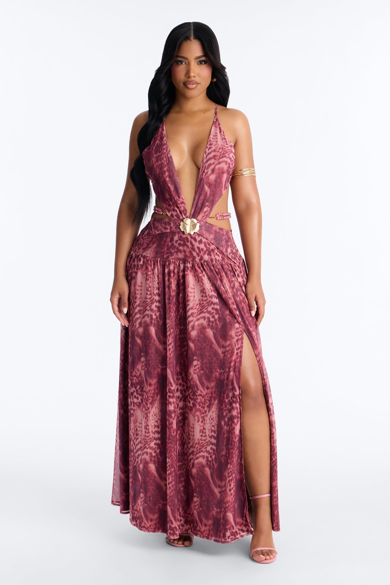 Corinna Cut Out Beaded Mesh Maxi Dress - Pink/combo