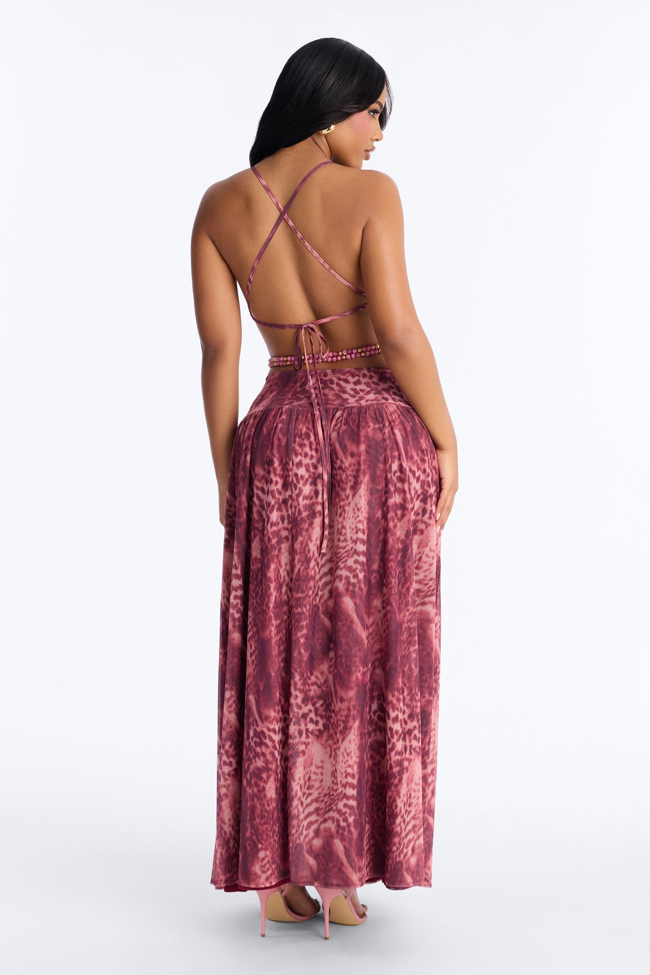 Corinna Cut Out Beaded Mesh Maxi Dress - Pink/combo