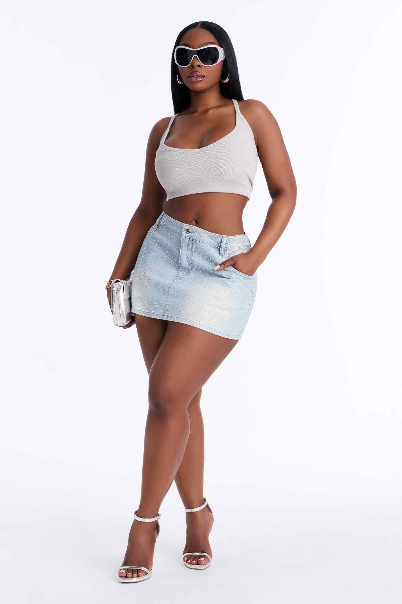 Shine Bright Sequin Denim Micro Mini Skirt - Light Wash