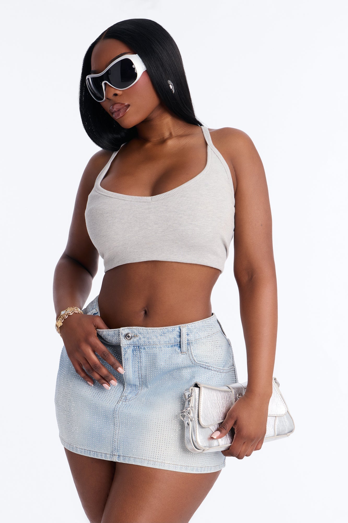 Shine Bright Sequin Denim Micro Mini Skirt - Light Wash