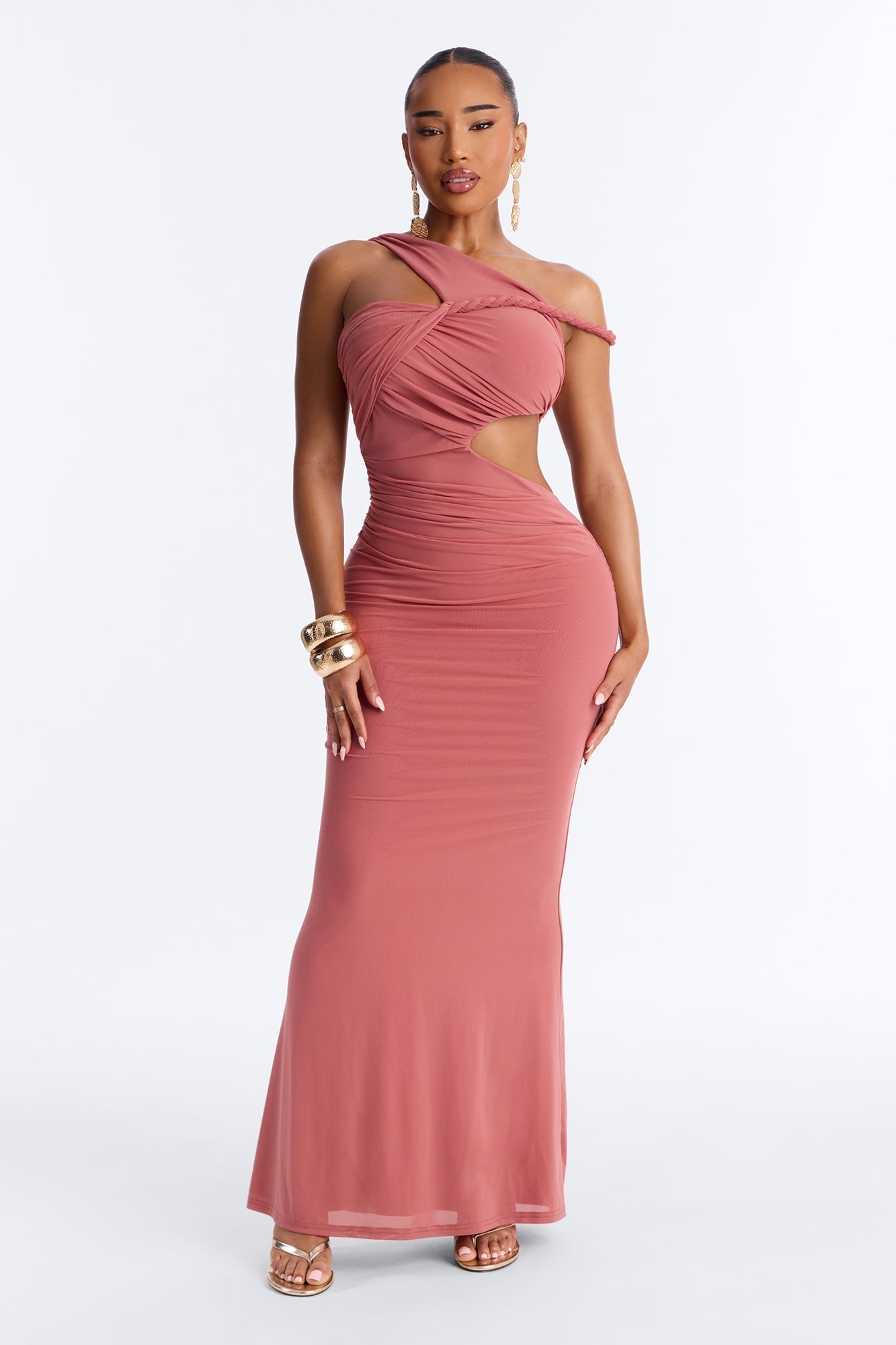 Zanna Ruched Mesh Maxi Dress - Marsala