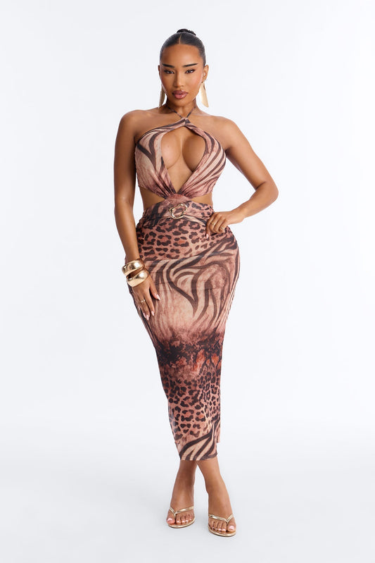 On The Prowl Mesh Maxi Dress - Brown/combo