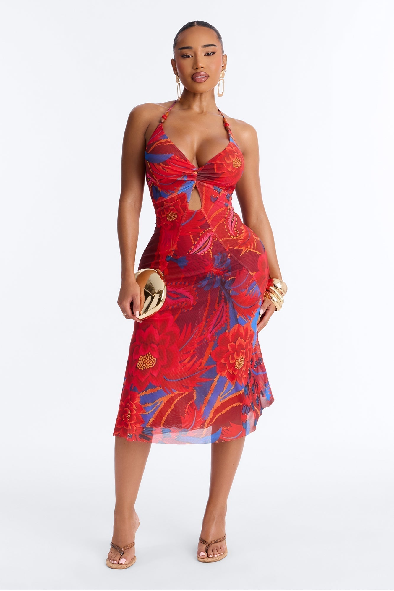 Draya Floral Mesh Midi Dress - Red/combo