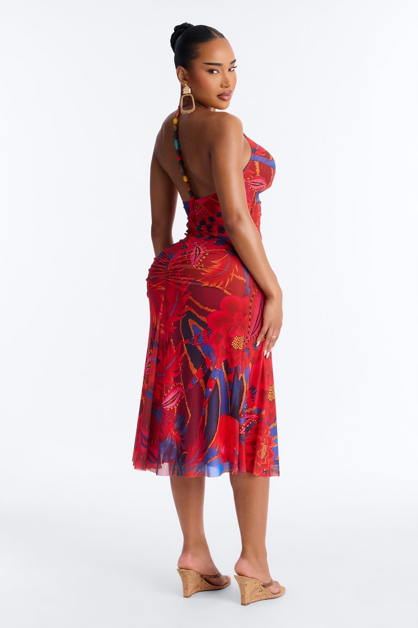 Draya Floral Mesh Midi Dress - Red/combo