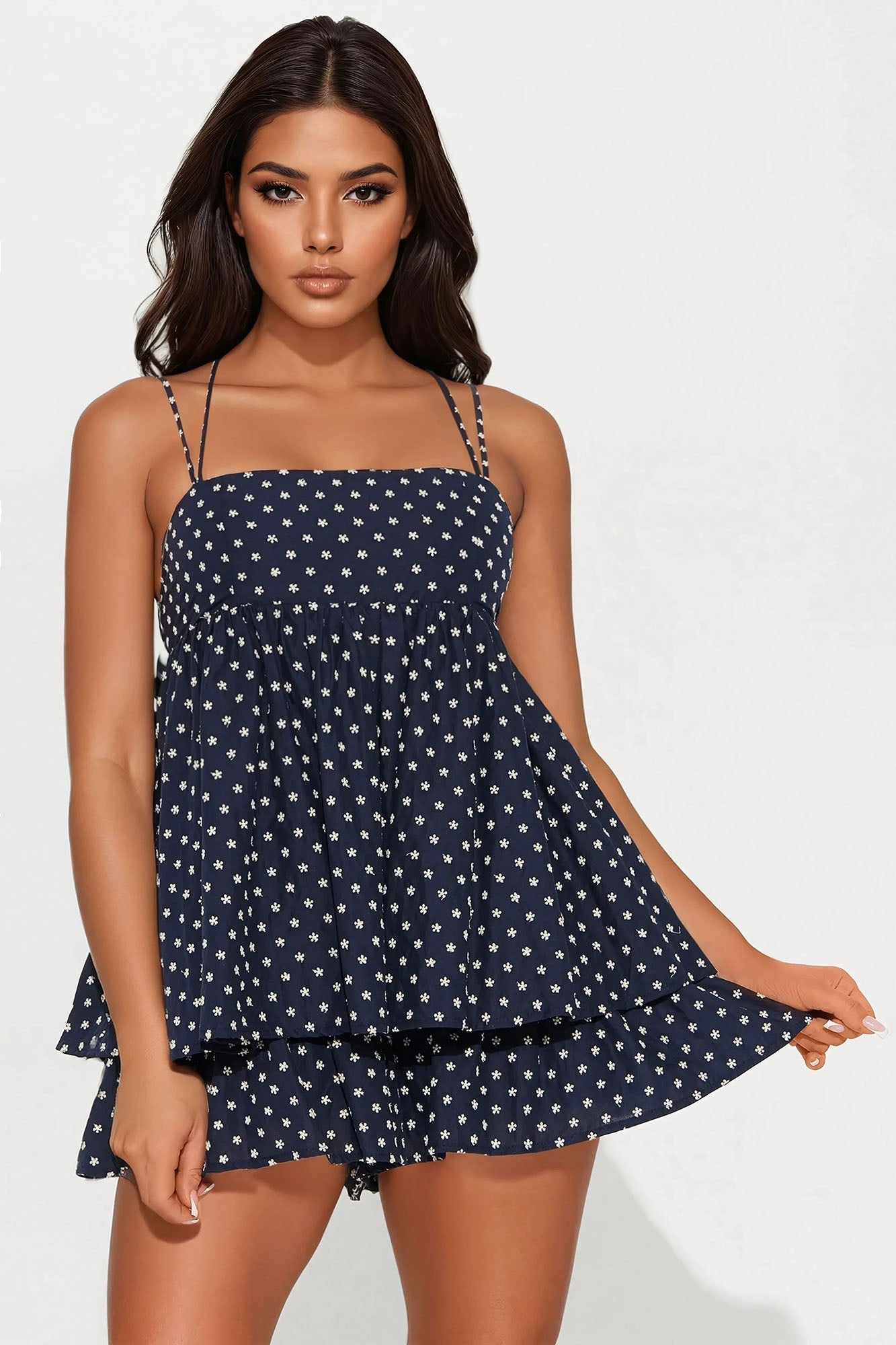 Pinkies Up Spaghetti Strap Floral Embroidered Romper - Navy/combo