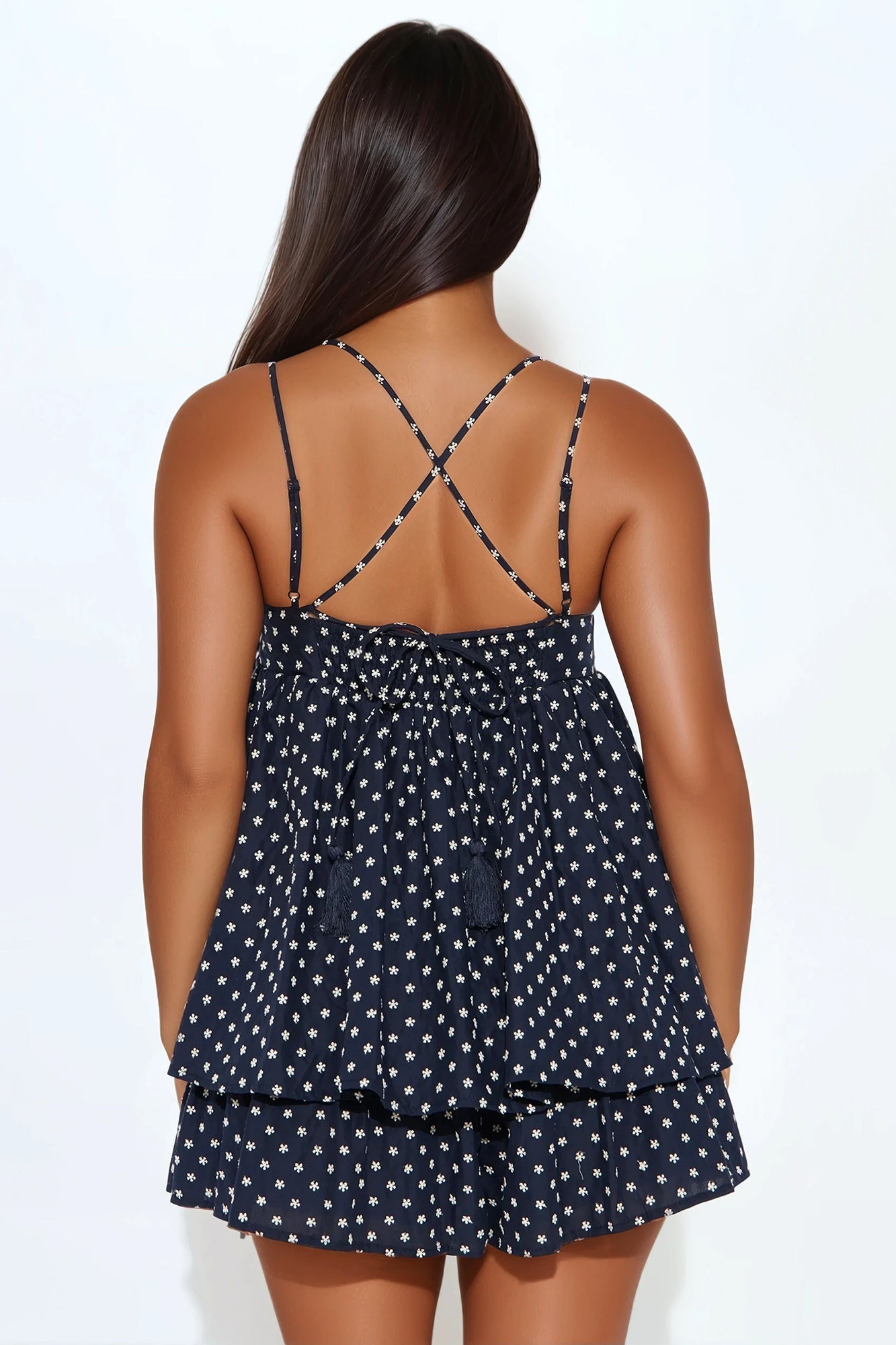 Pinkies Up Spaghetti Strap Floral Embroidered Romper - Navy/combo