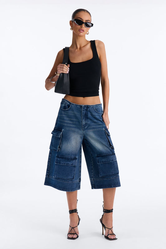 Night Shift Cargo Denim Jorts - Dark Wash