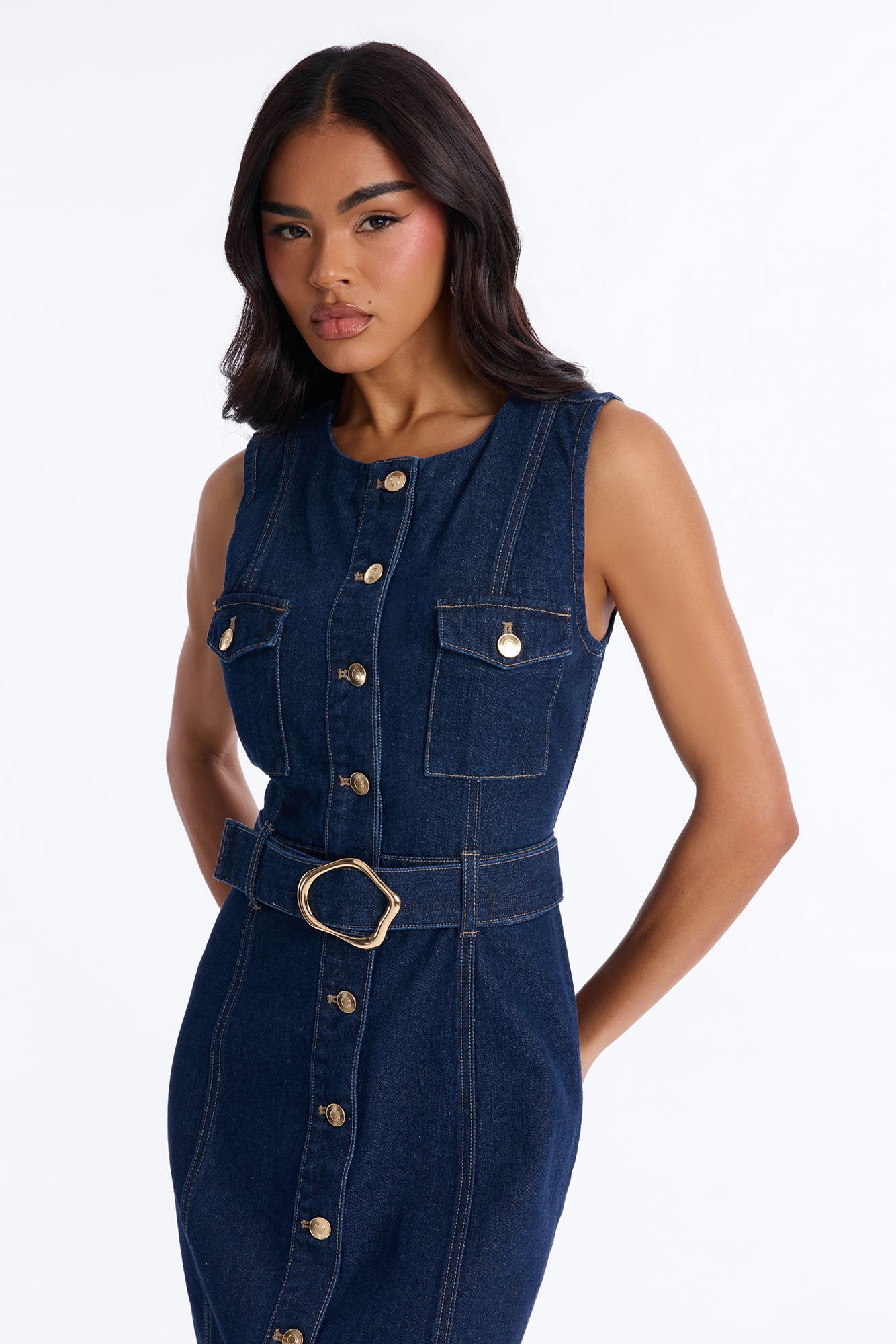 Isla Belted Denim Midi Dress - Dark Wash