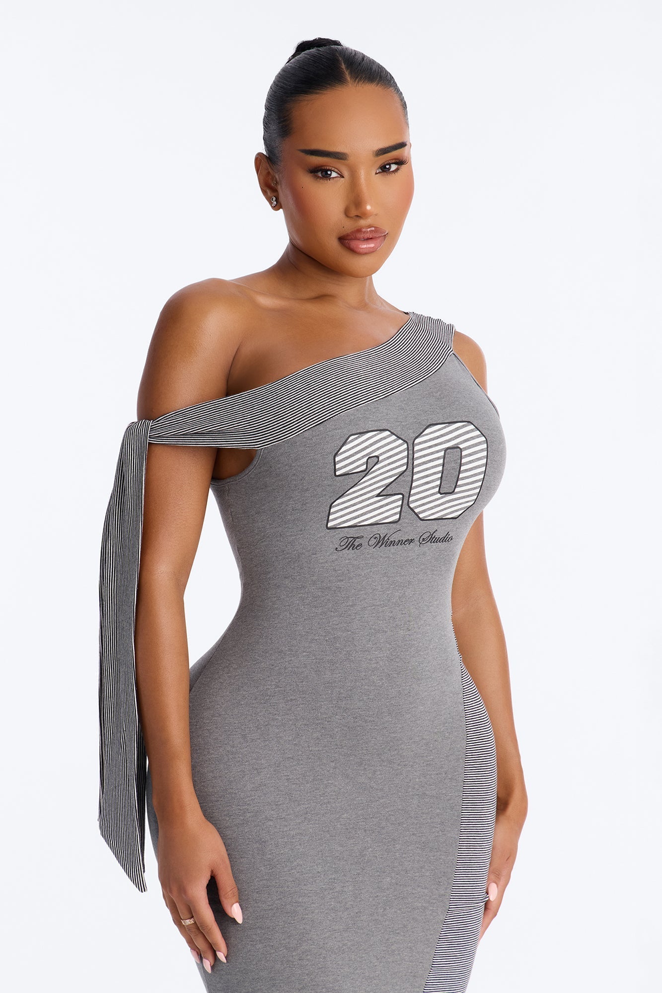 Halle Graphic Asymmetrical Midi Dress - Grey