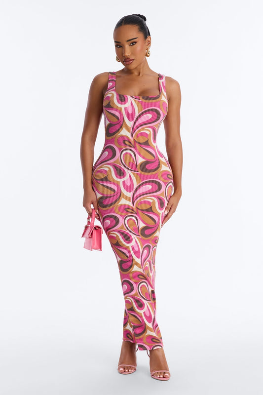 Valentina Ribbed Maxi Dress - Magenta/combo