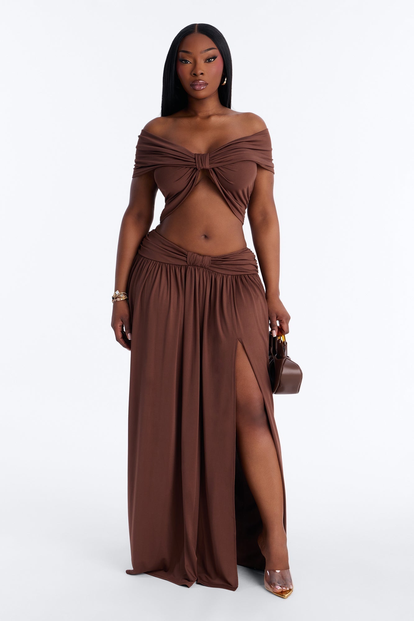 Rae Ruched High Slit Maxi Skirt - Chocolate