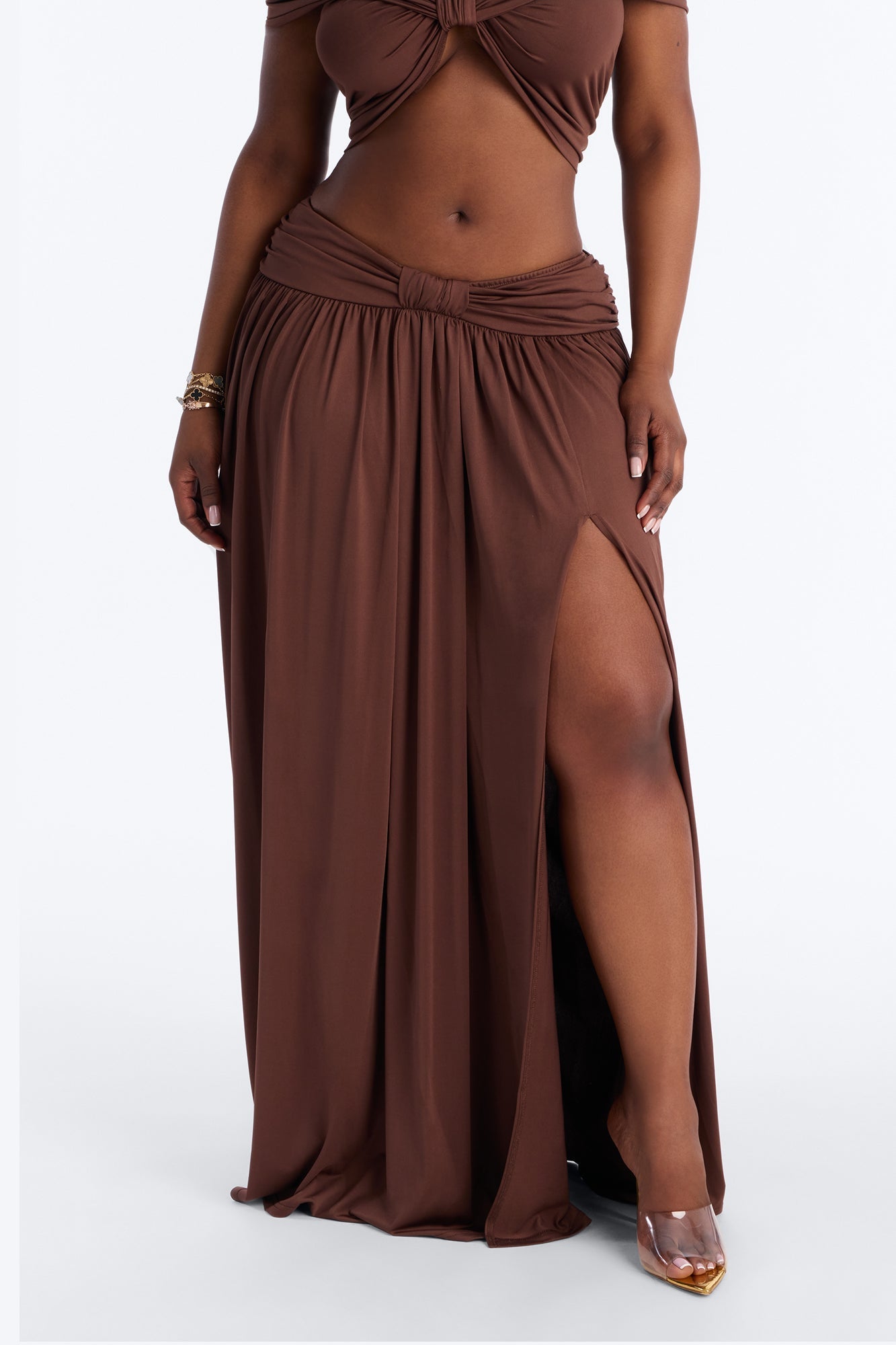 Rae Ruched High Slit Maxi Skirt - Chocolate