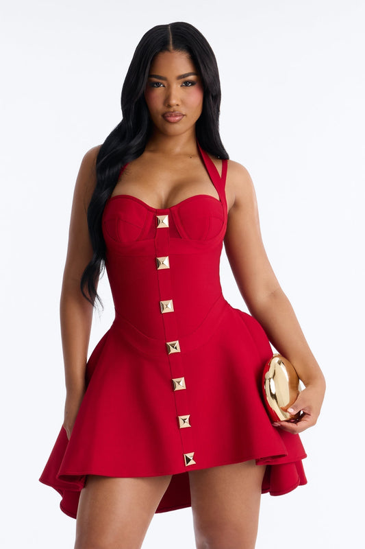 Alondra Asymmetrical Bandage Mini Dress - Red