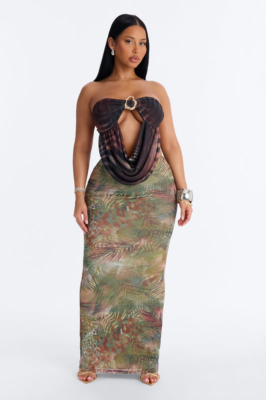 Tropical Bloom Mesh Maxi Skirt - Green/combo