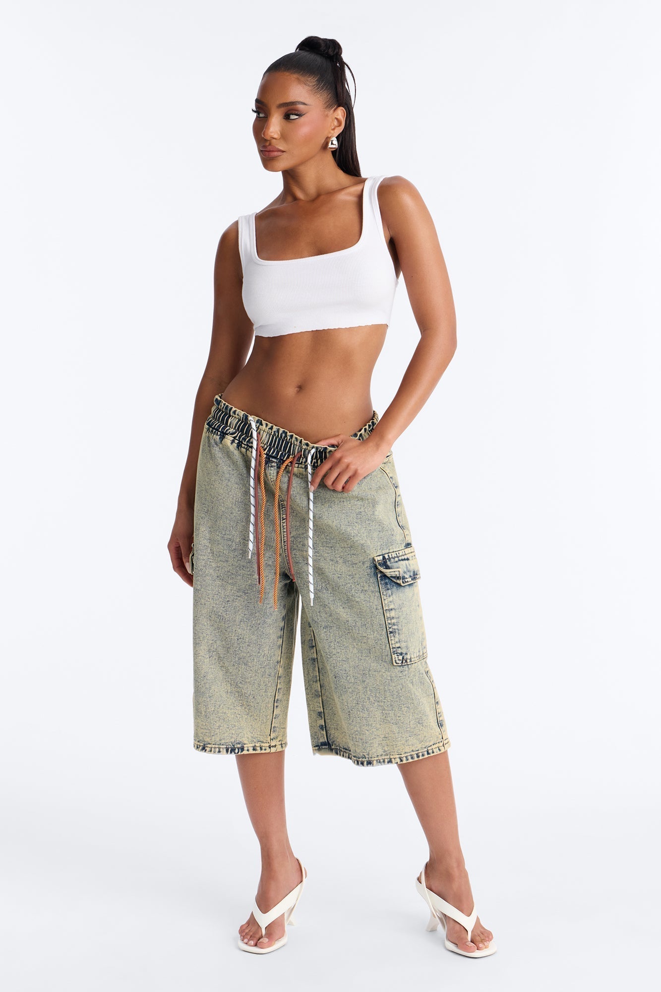 Side Hustles Cargo Denim Jorts - Acid Wash Black