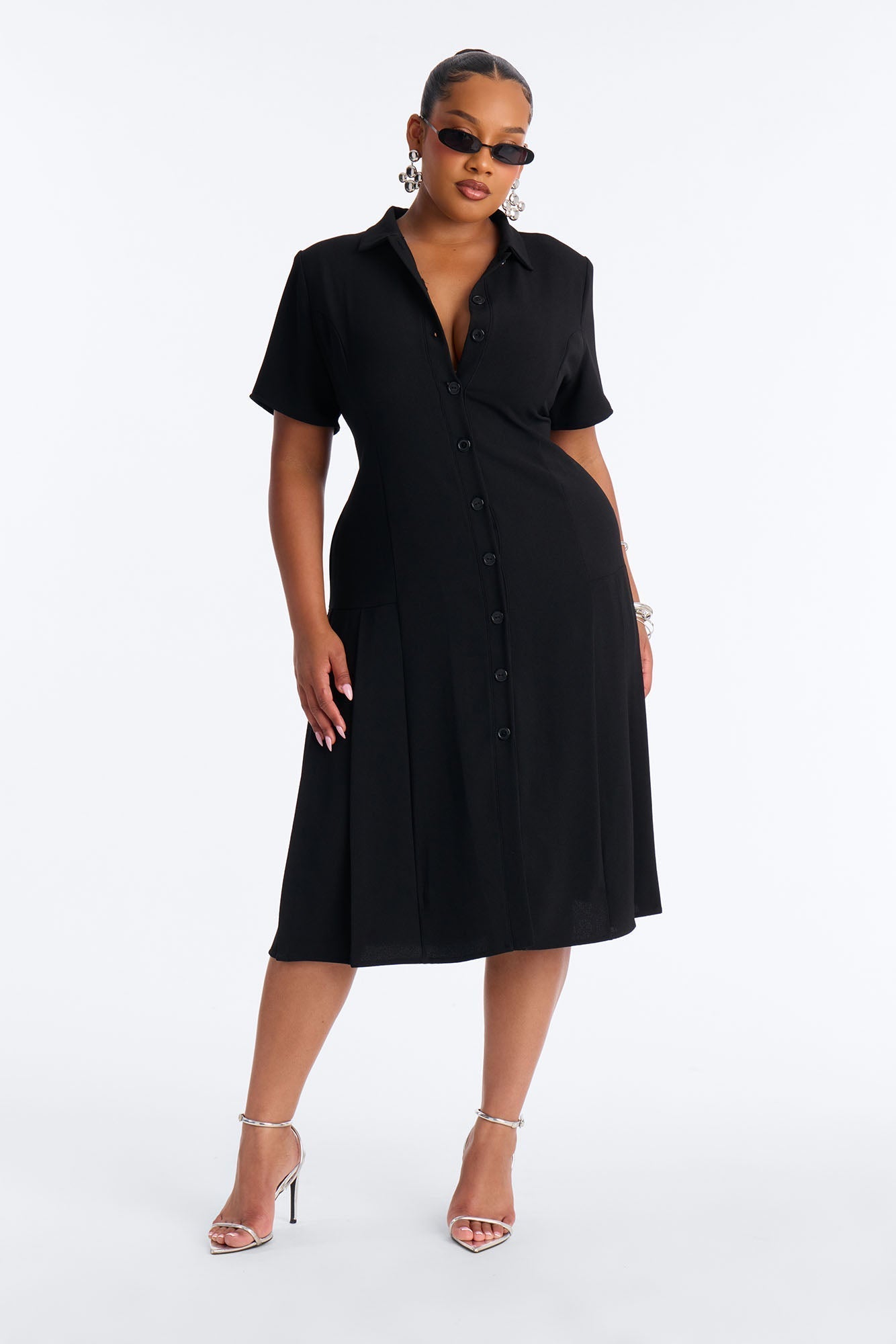 Delaney Button Up Pleated Midi Dress - Black