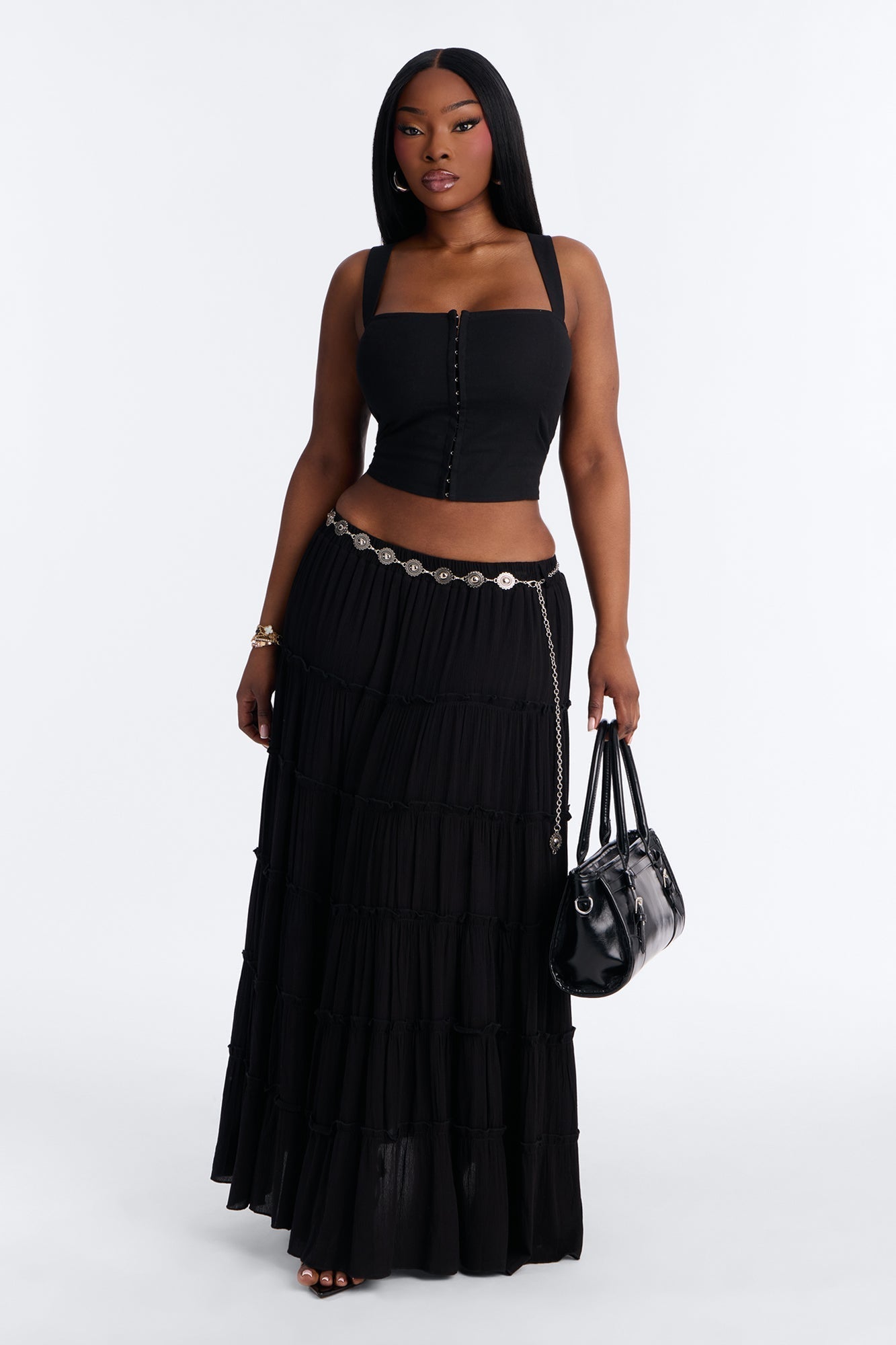 Free Spirit Low Rise Belted Tiered Maxi Skirt - Black