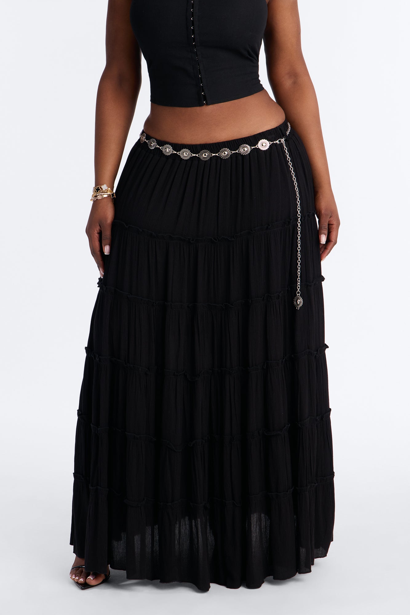Free Spirit Low Rise Belted Tiered Maxi Skirt - Black