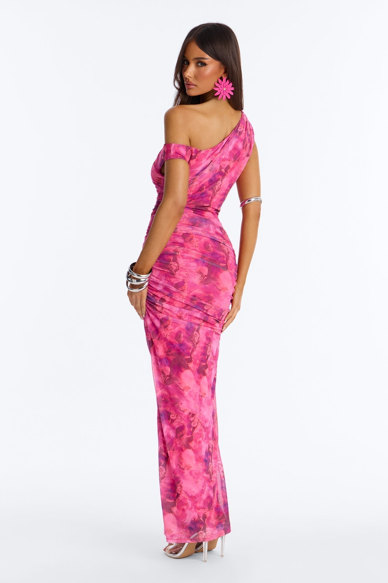 Natalia Ruched Mesh Maxi Dress - Pink/combo