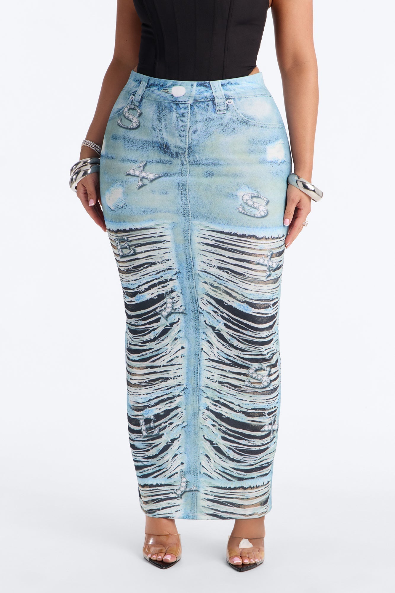 Bling Behavior Printed Knit Ankle Maxi Skirt - Blue/combo