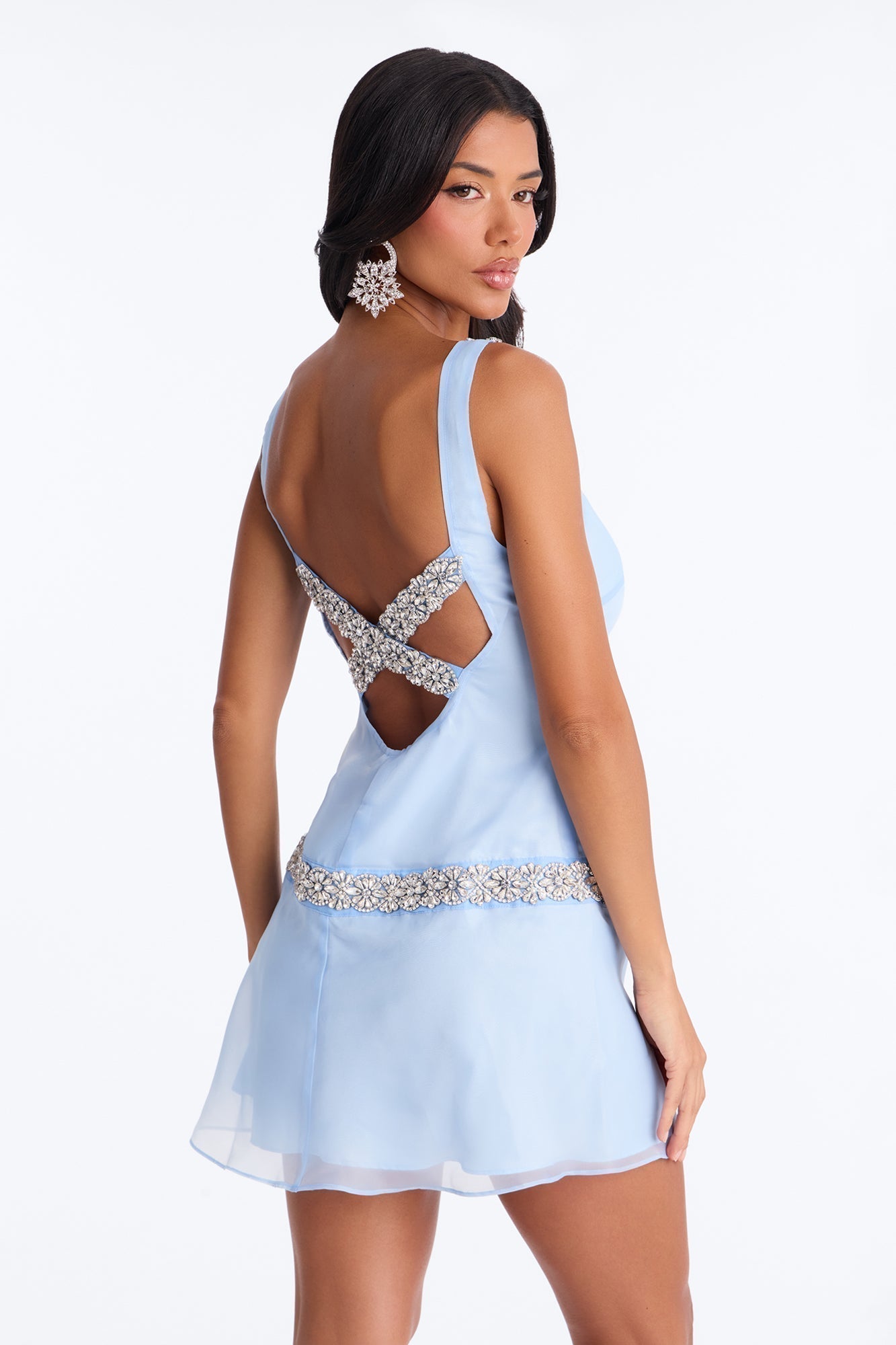 Sabrina Rhinestone Trim Organza Mini Dress - Light Blue