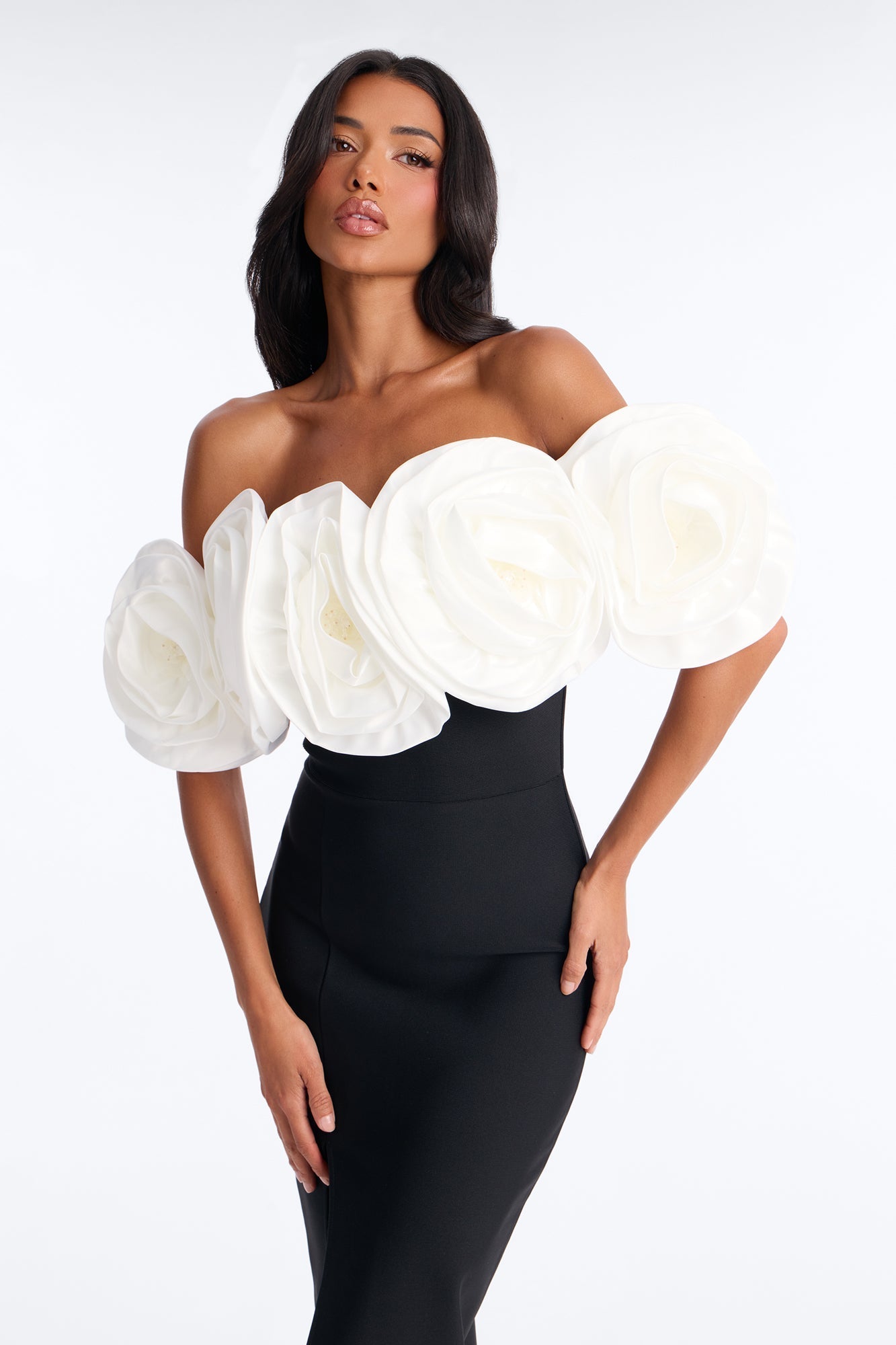 Divina Floral Bandage Midi Dress - Black/White