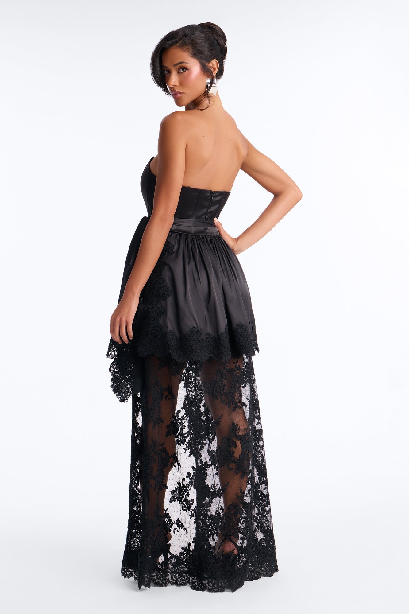 Lana Draped Lace Satin Gown - Black