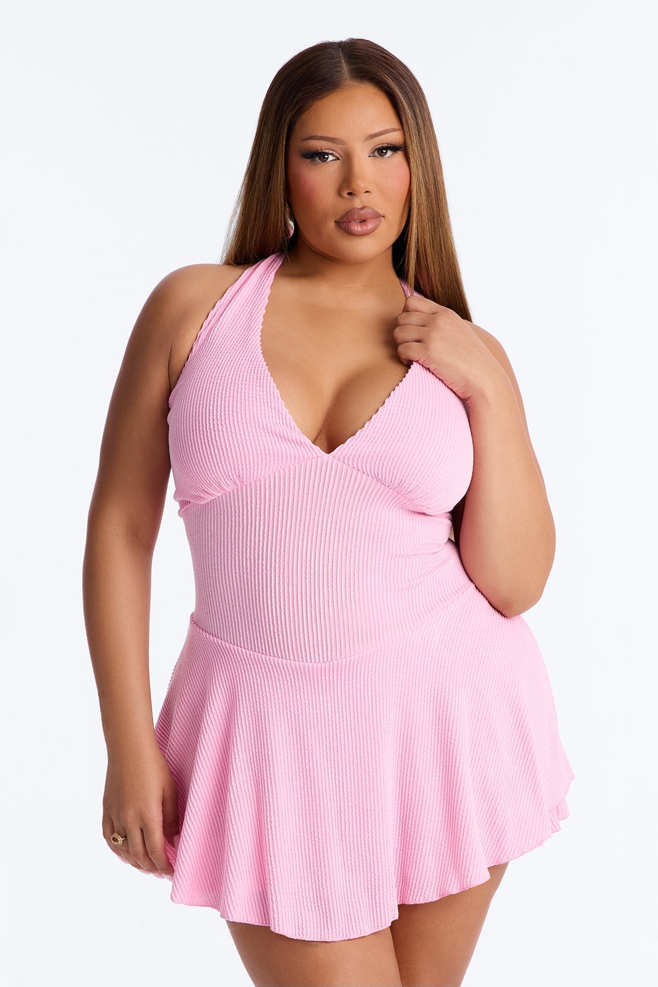 Kamryn Halter Ribbed Mini Dress - Pink