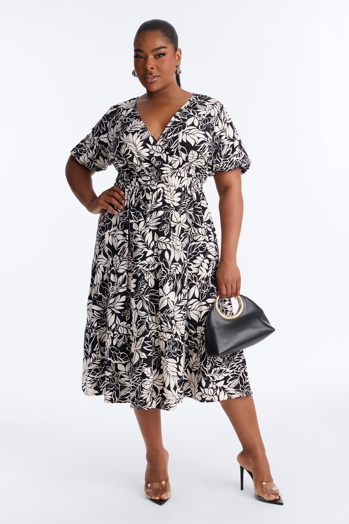 Elena Printed Midi Dress - Black/White