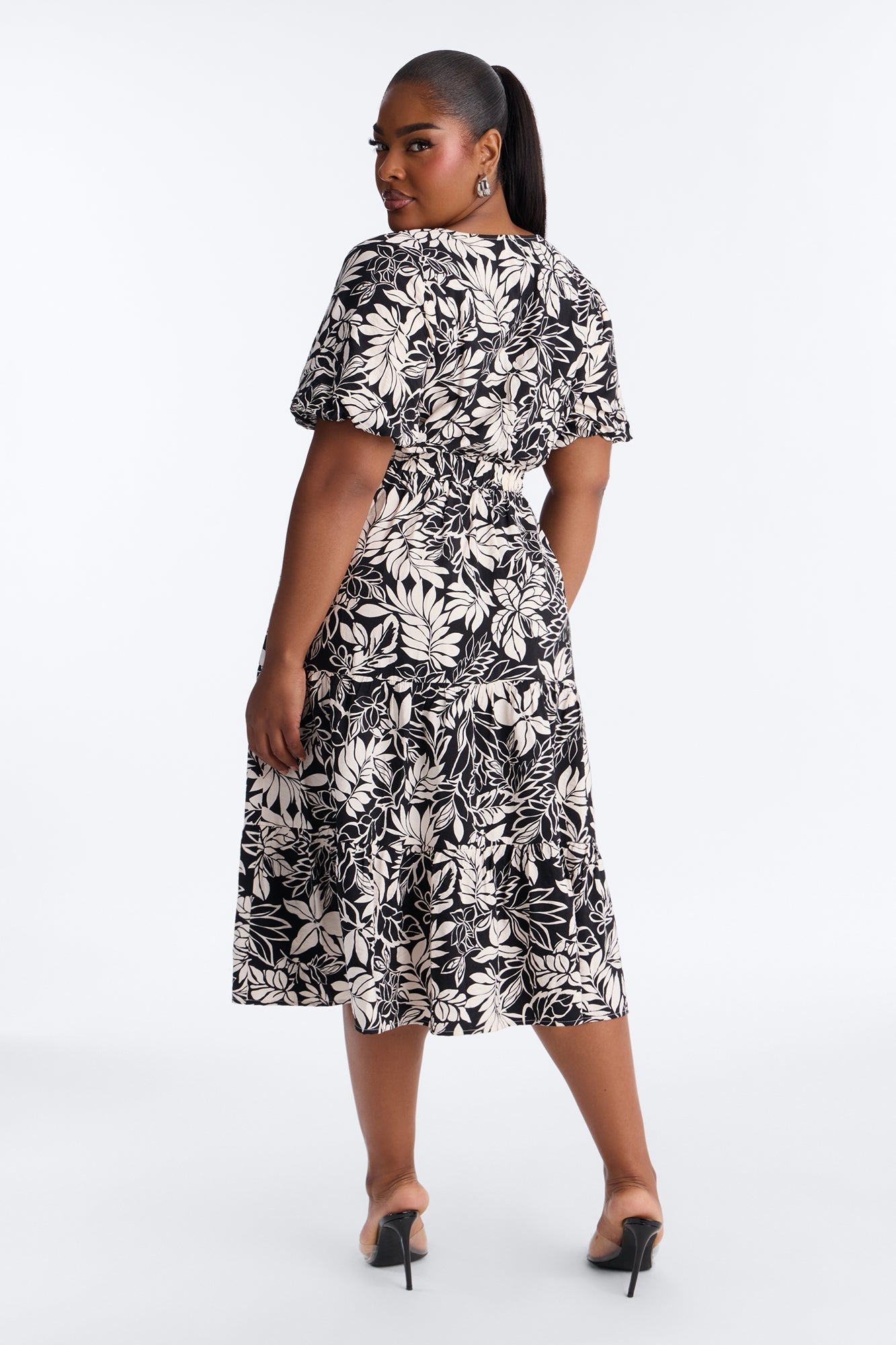 Elena Printed Midi Dress - Black/White