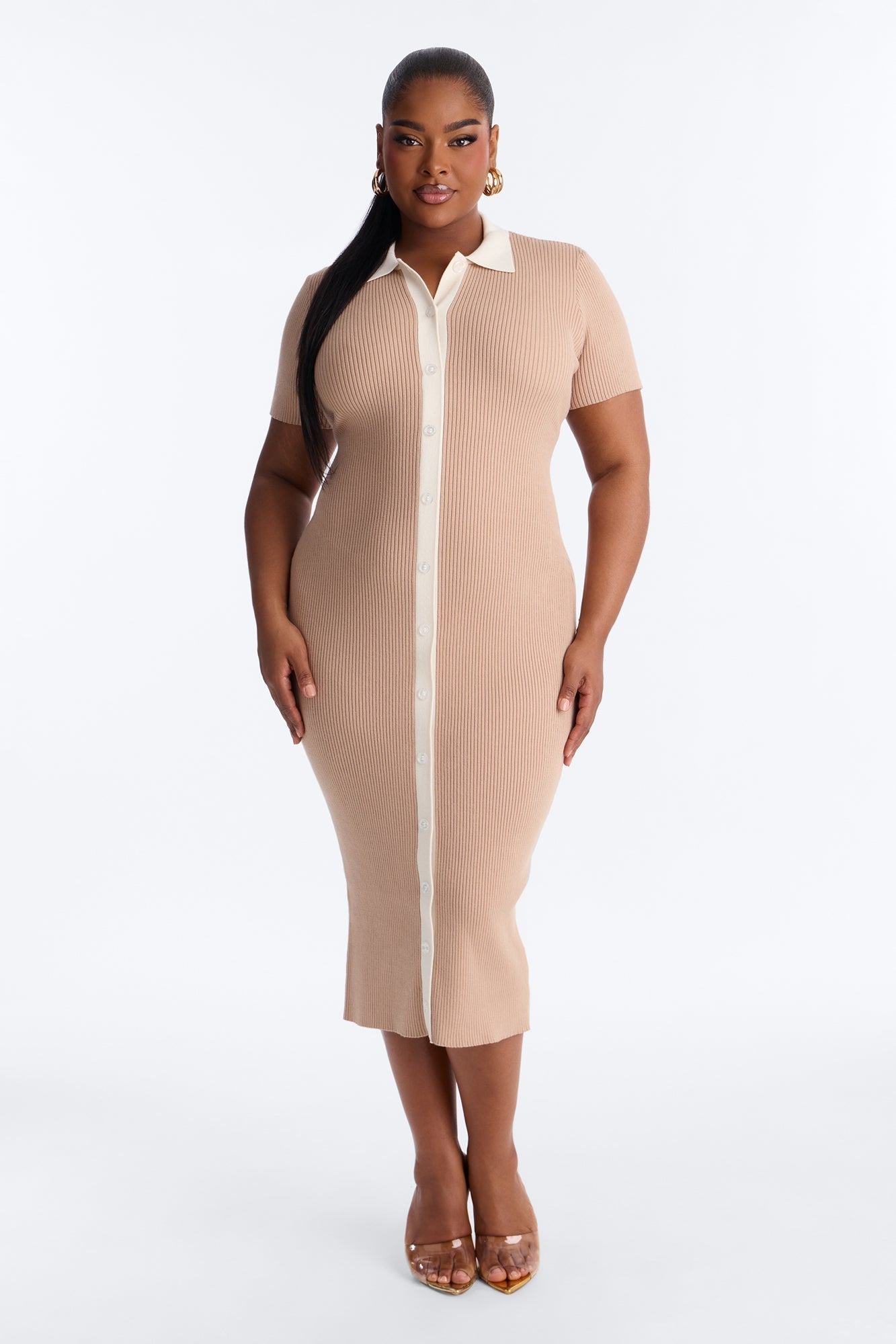 Ciao Bella Short Sleeve Sweater Midi Dress - Mocha/combo