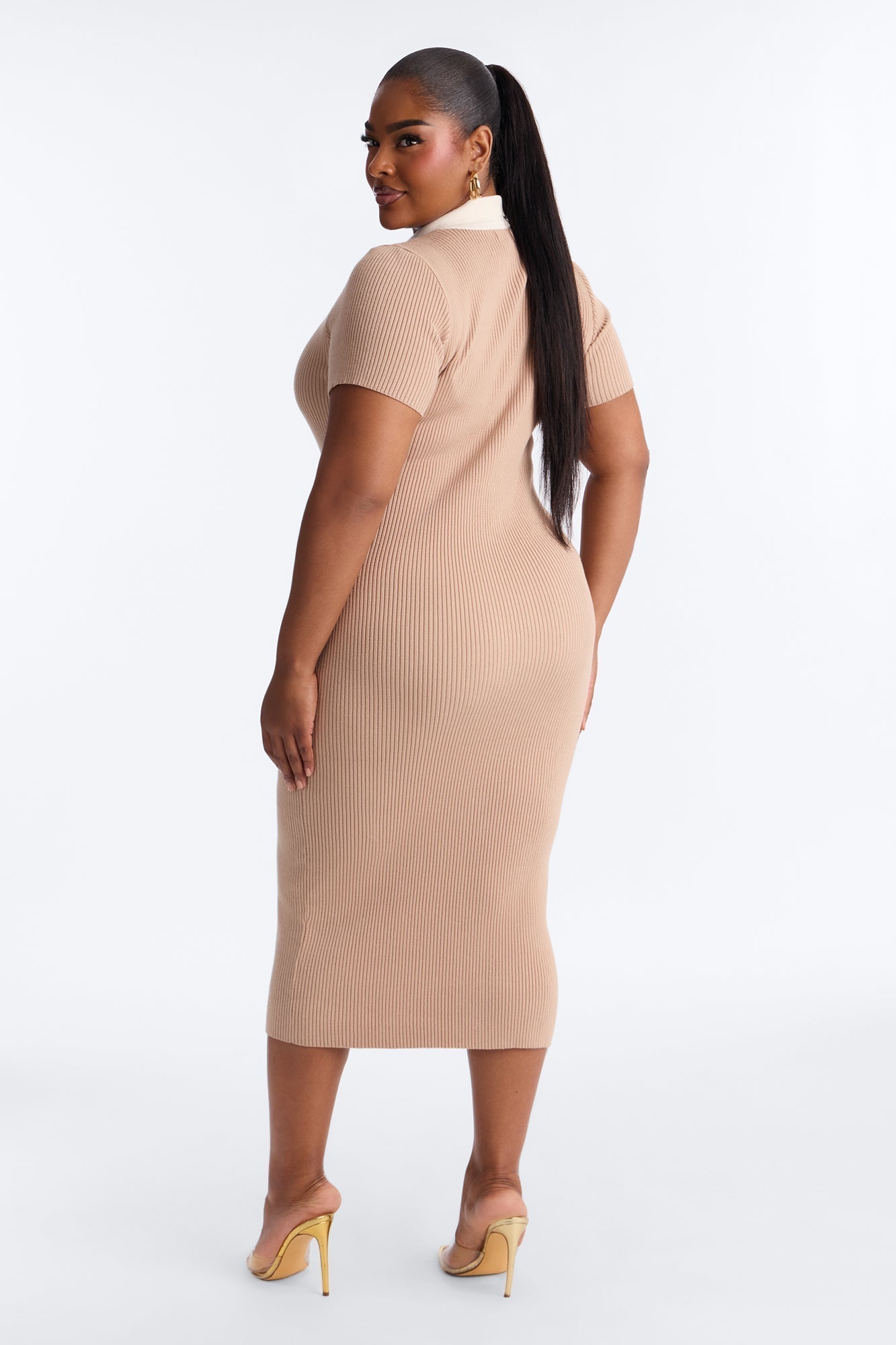 Ciao Bella Short Sleeve Sweater Midi Dress - Mocha/combo