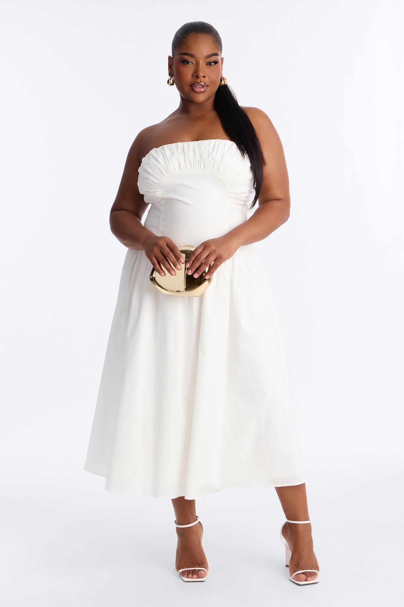 Jana Strapless Pleated Midi Dress - White