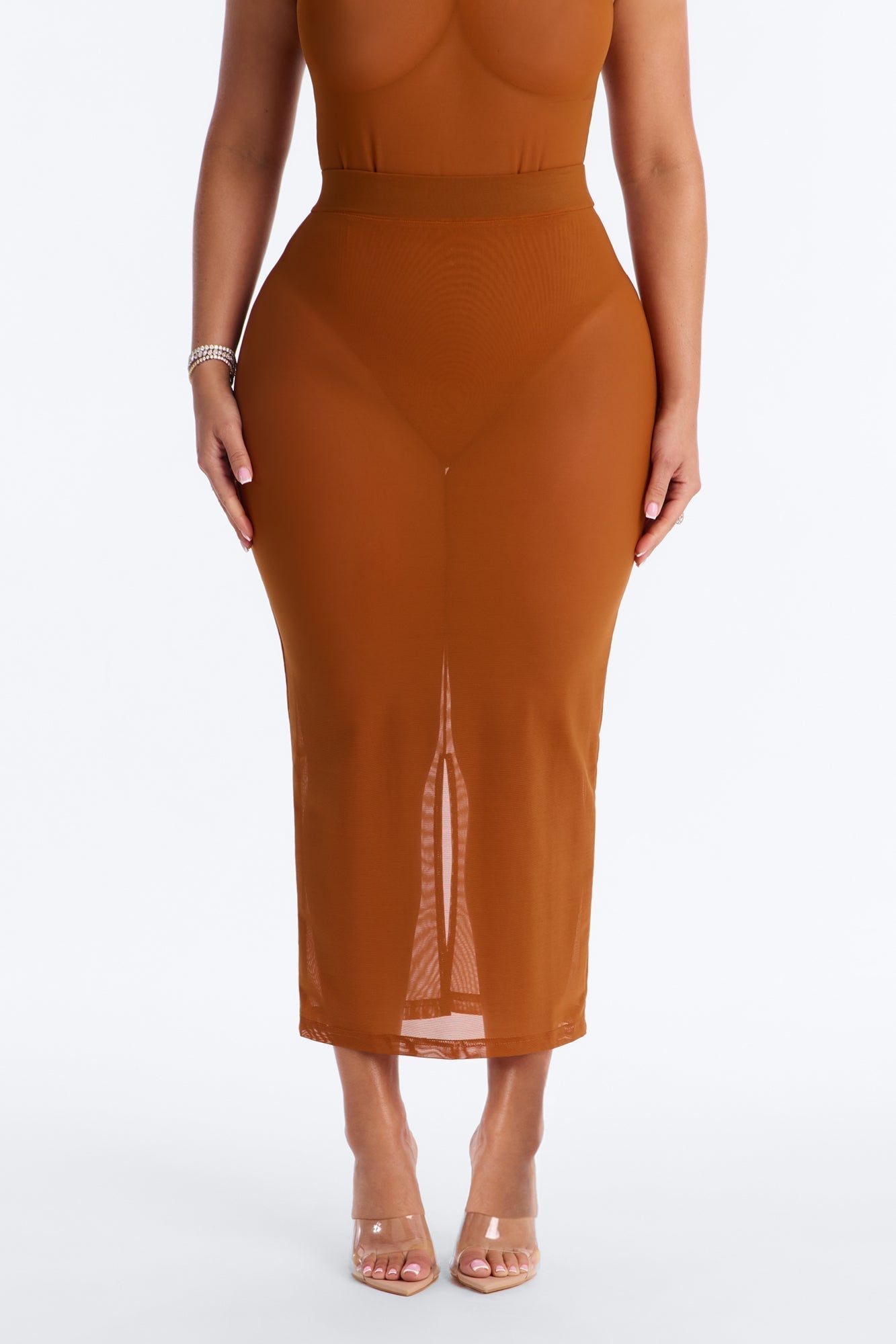 Power Mesh Midi Pencil Skirt - Copper
