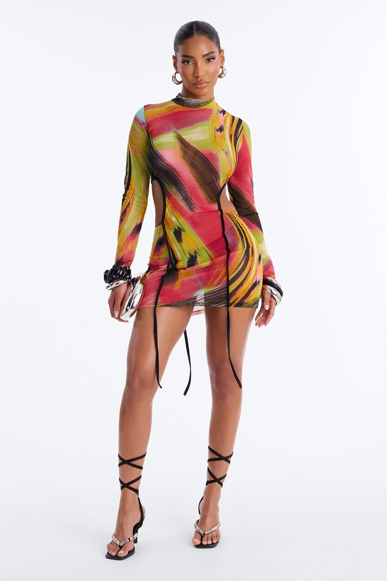 Baby You're Electric Long Sleeve Mesh Mini Dress - Multi Color