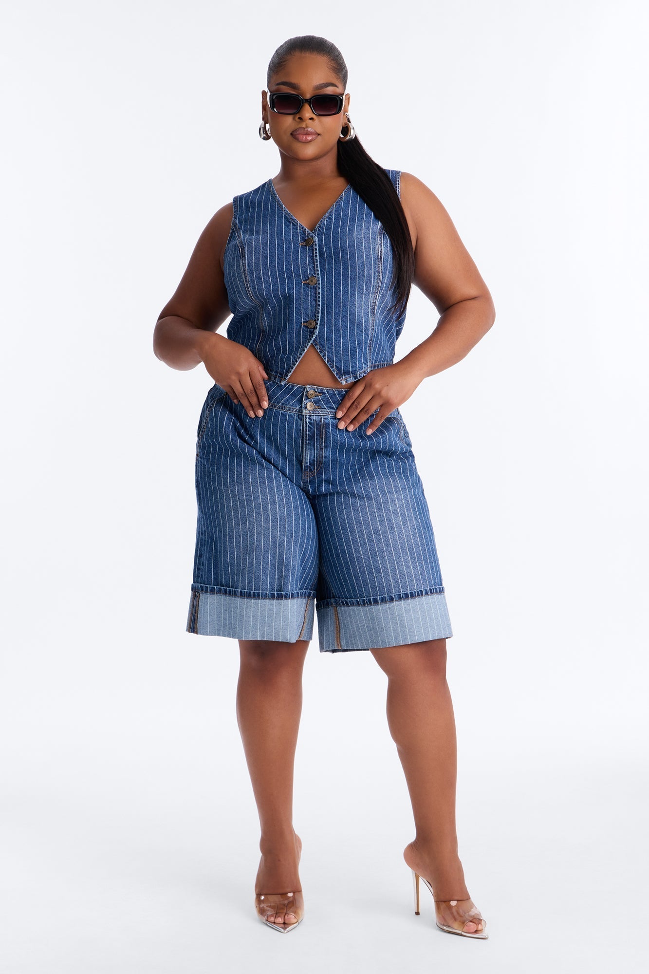 Legendary Striped Cuffed Denim Jorts - Dark Wash