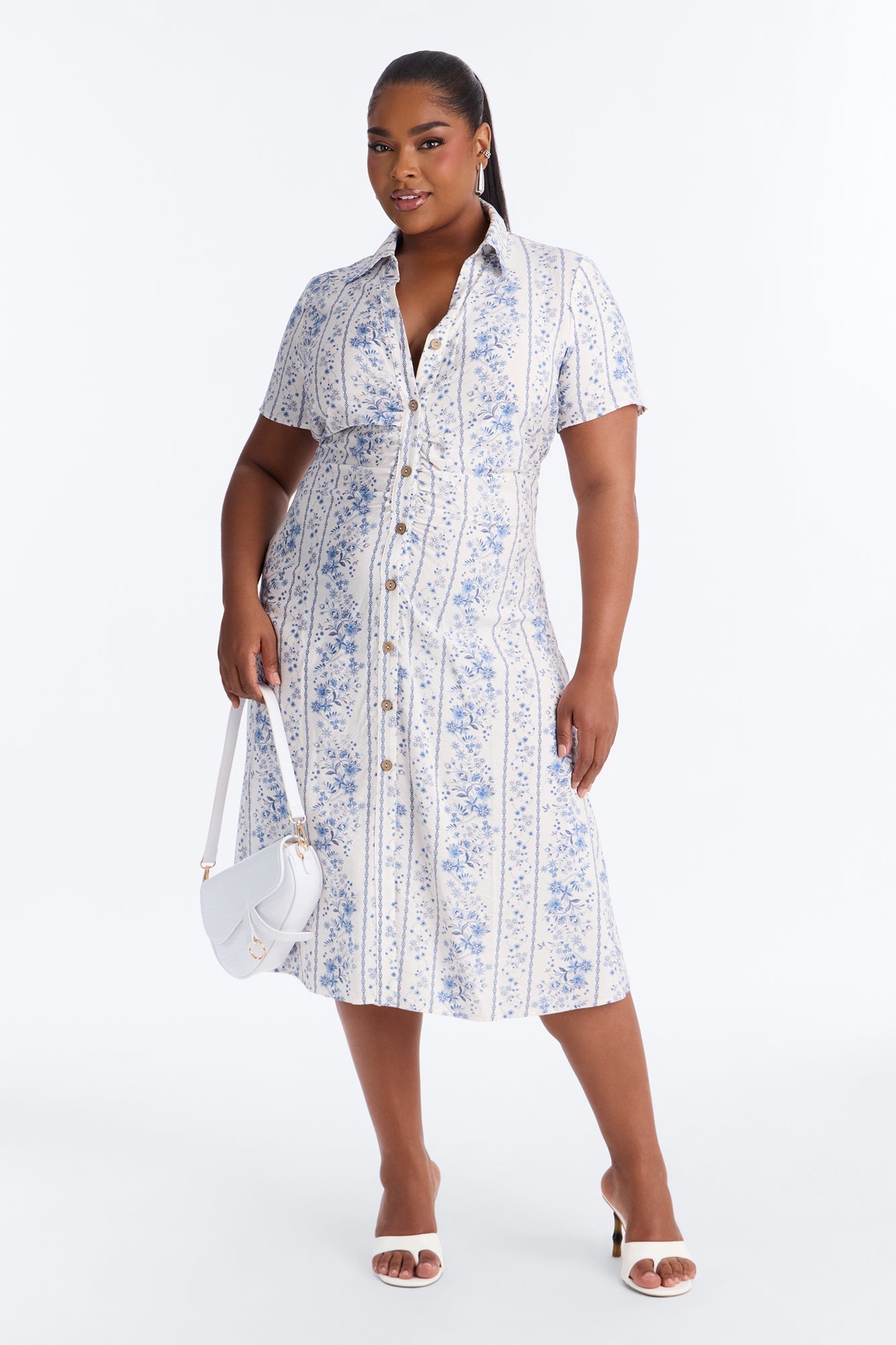 Selene Ruched Floral Midi Shirt Dress - Blue/combo