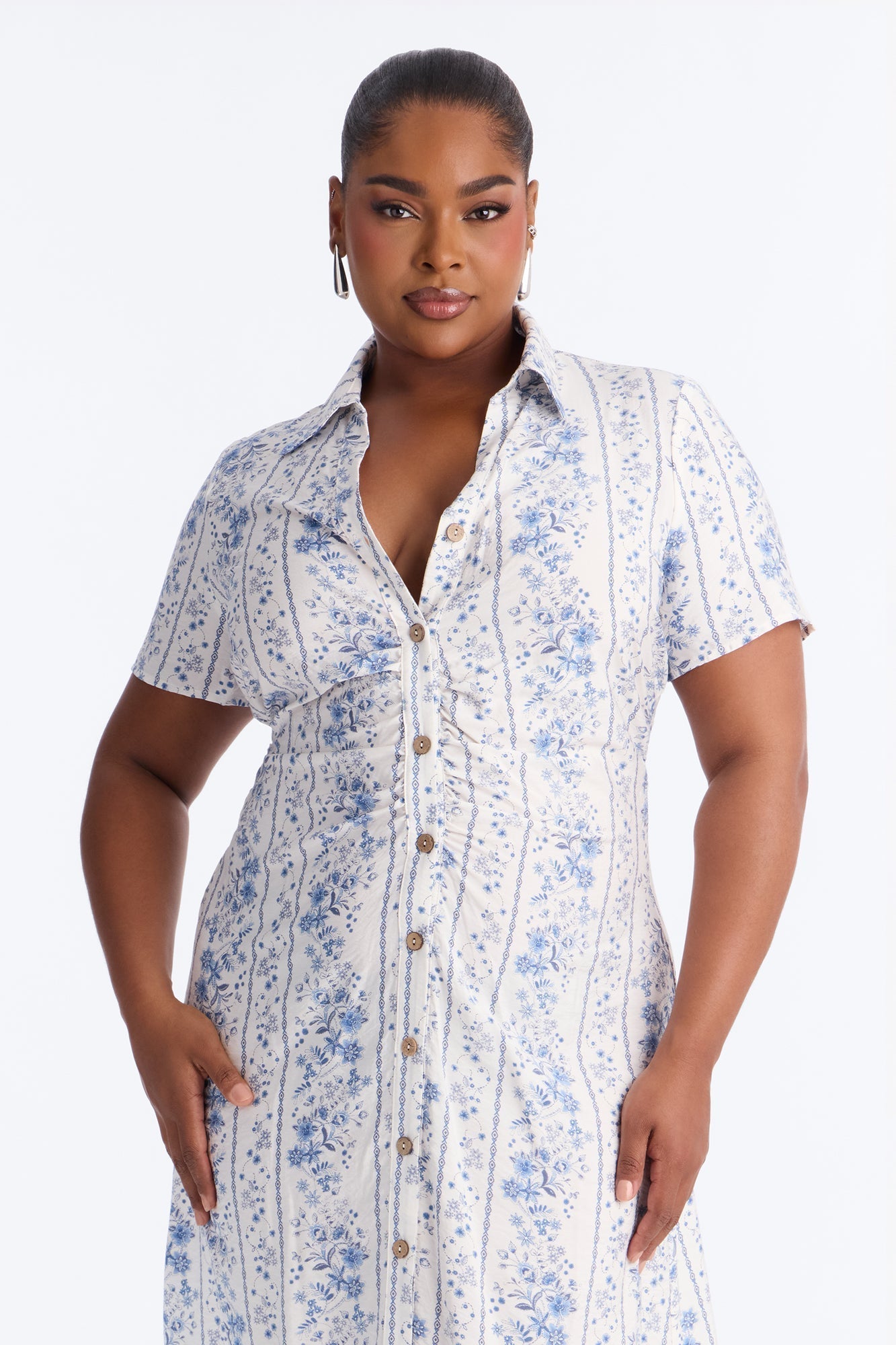 Selene Ruched Floral Midi Shirt Dress - Blue/combo