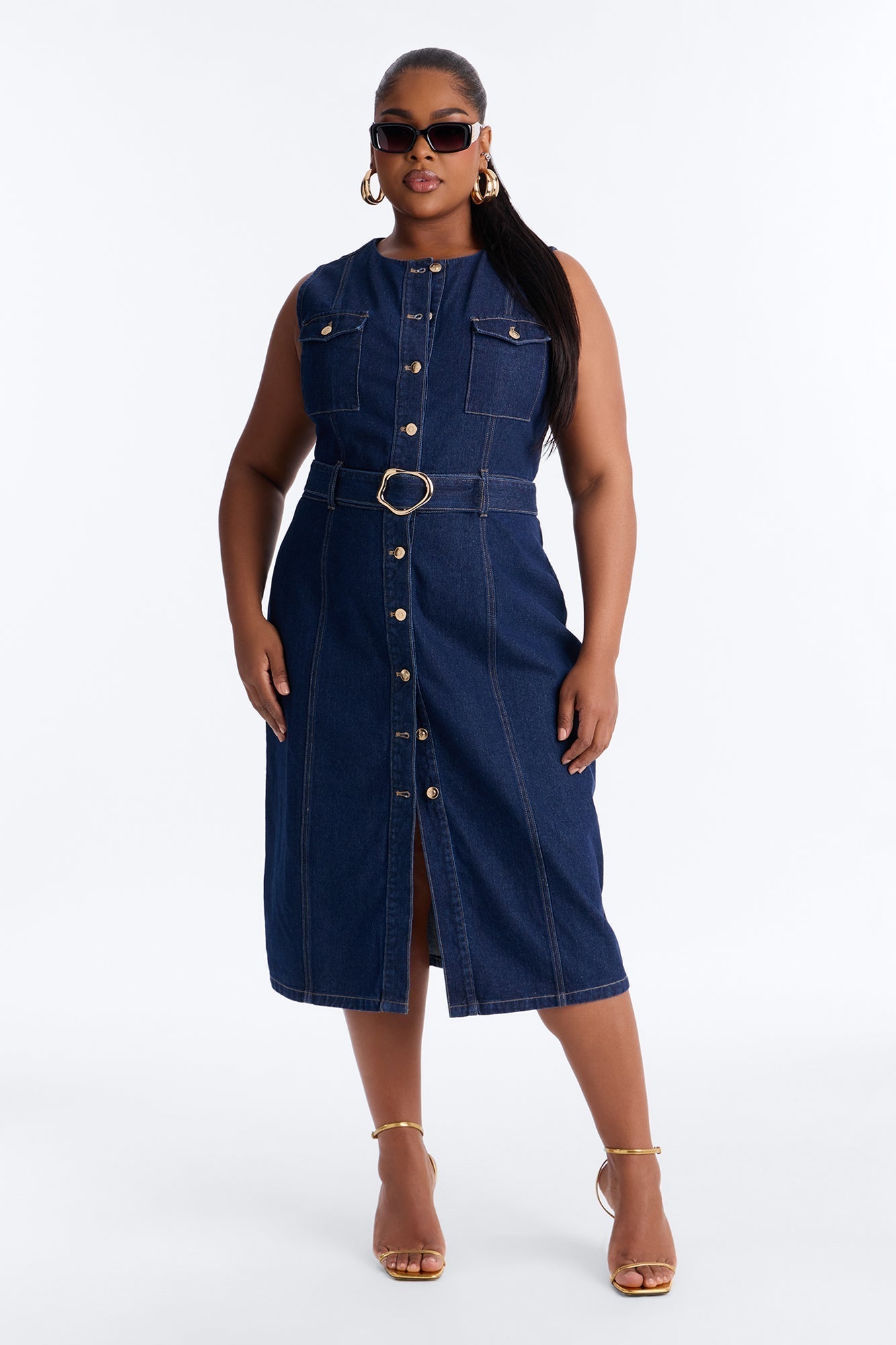 Isla Belted Denim Midi Dress - Dark Wash