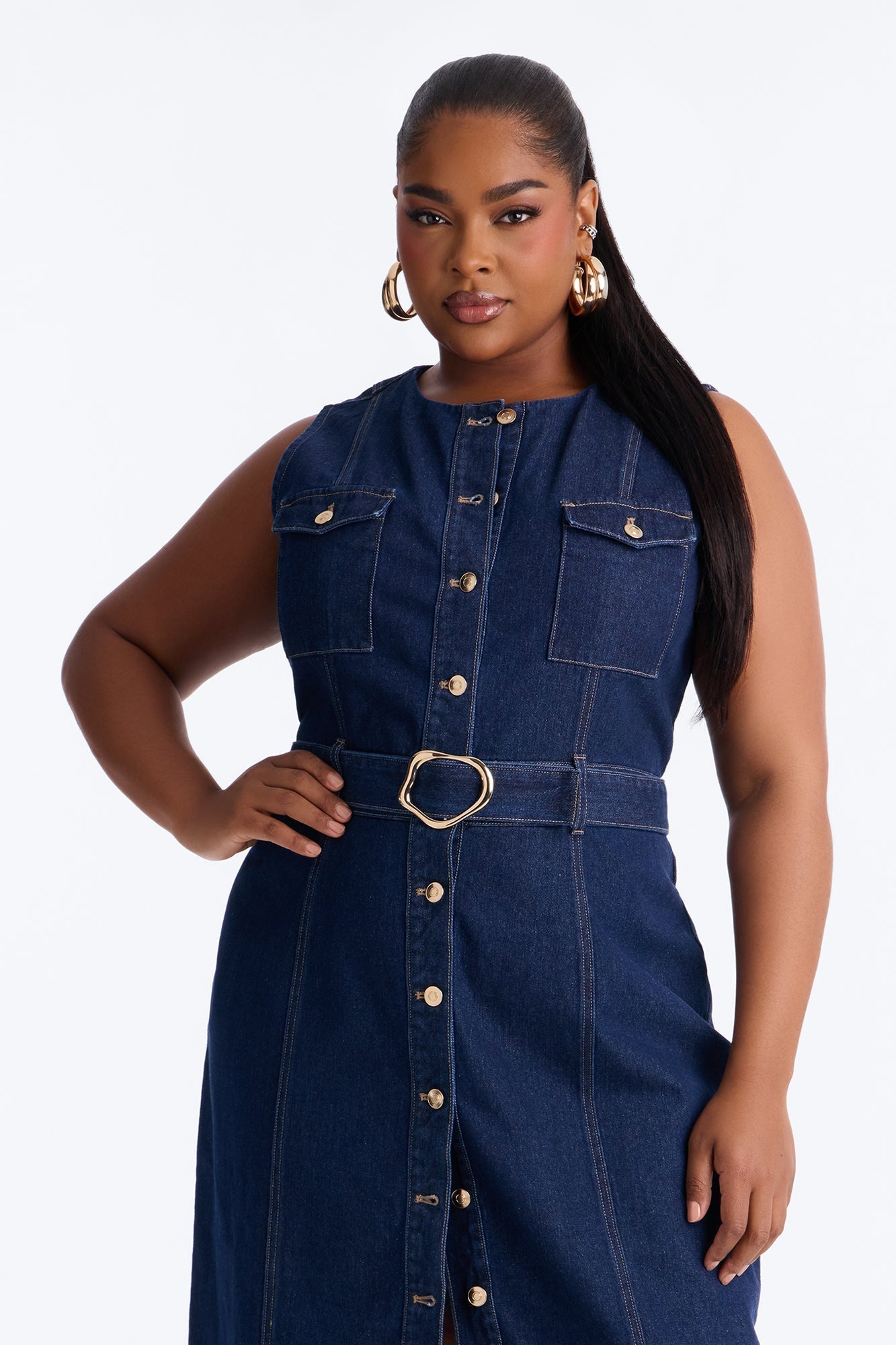 Isla Belted Denim Midi Dress - Dark Wash